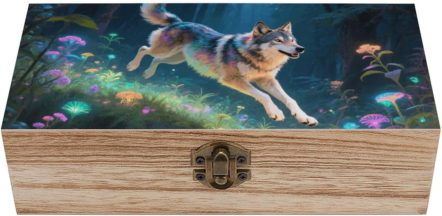 Wolf Novelty Wooden Keepsake Box with Lids Wood Storage Box with A Hinged Lid Decorative Boxes Table Large Rectangular Organizer Container for Jewelry Photos Craft