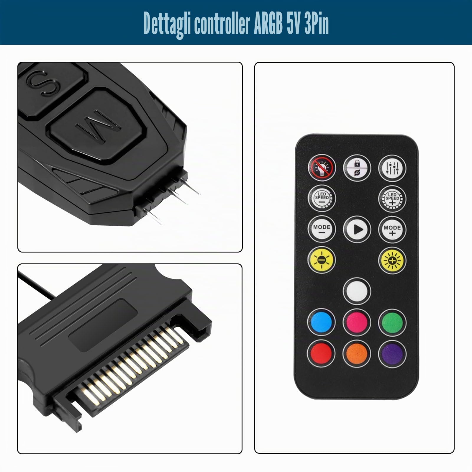 ARGB Controller con Controllo remoto Binghe Controllore ARGB a 3 pin da 5 V Alimentazione SATA-S Telecomando a 17 tasti Interruttore a colori Hub ventola RGB per Telaio Ventole e Strisce luminose