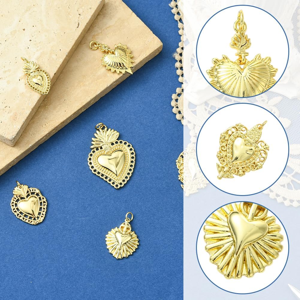 SUNNYCLUE 1 Box 6Pcs 6 Styles Real 18k Gold Plated Brass Heart Charm Sacred Hearts Charms Bulk Valentines Cinco de Mayo Pendants with Jump Ring for Jewelry Making Bracelets Necklace DIY Craft Supplies - Image 3