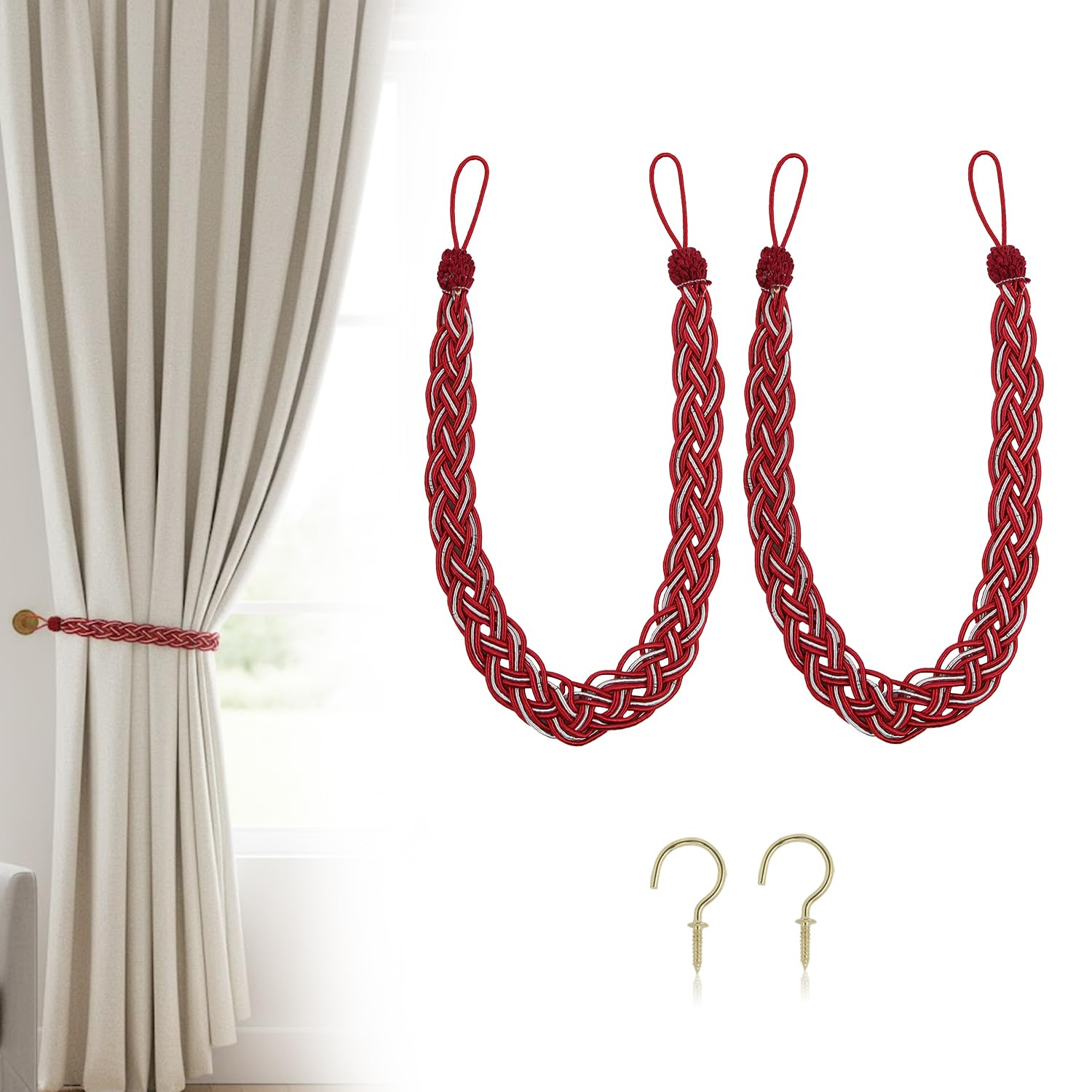 Uxney Red Curtain Tiebacks, 2 Pack Hand Braided Rope Curtain Holdbacks with Metal Hooks – Heavy Duty Red Tie Backs for Drapes, Window Treatment Decorative Holdbacks for Living Room
