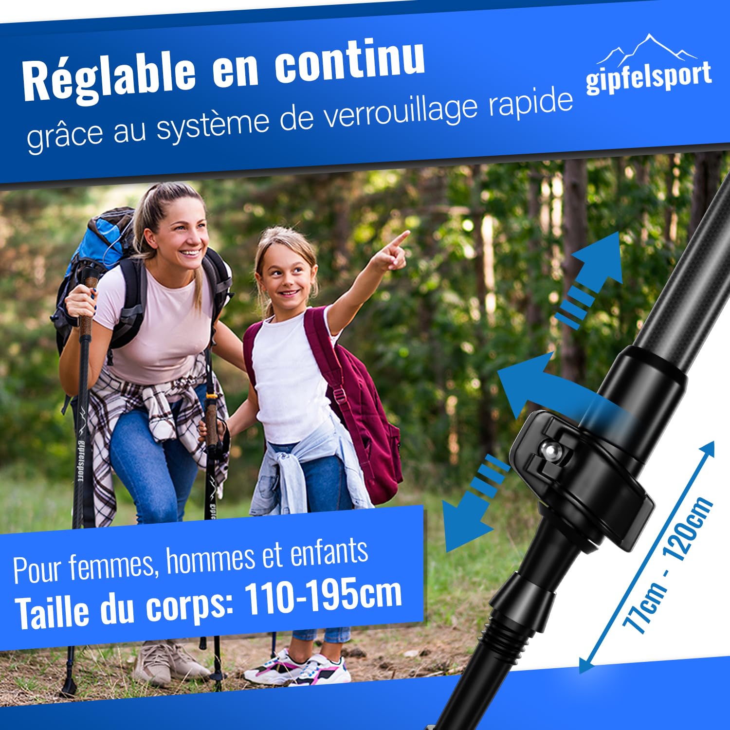 gipfelsport Bâtons de marche nordique en carbone et aluminium – Bâtons de marche télescopiques réglables | Bâtons de marche nordique pour homme et femme | Bâtons de marche réglables de 77 cm à 120 cm