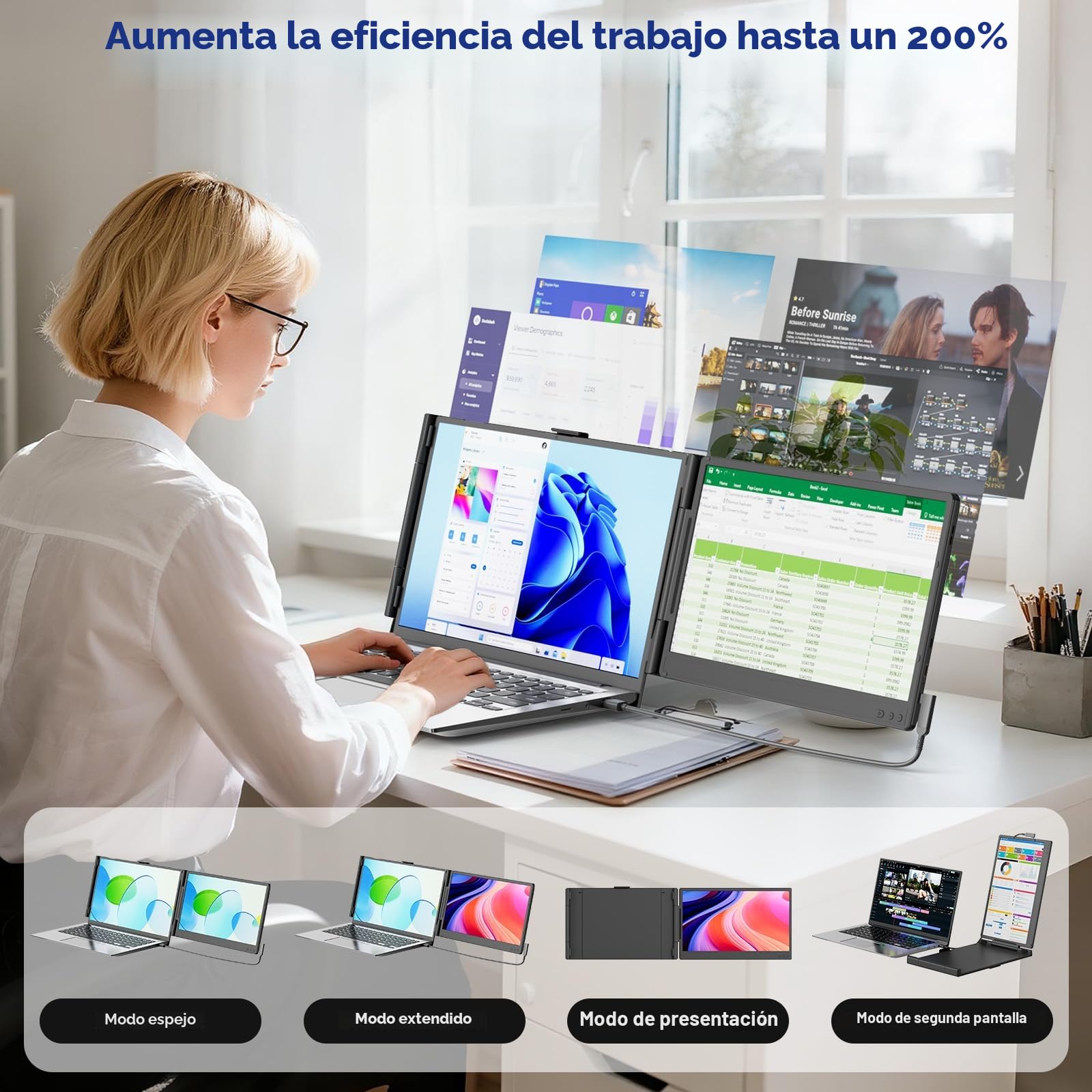 Monitor Portatil - 14” FHD 1080P IPS Extensor Pantalla Portatil, Doble Pantalla para Portatil para Laptops 13-17.3", Plug & Play para Windows/Mac/Android/Switch/PS5 con Puerto USB C/HDMI