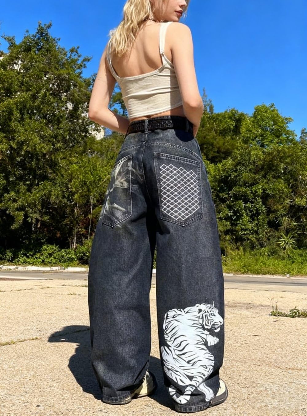 Unisex Y2K Hip Hop Street Jeans with Graphic/Tiger Print Gothic Baggy Jeans Vintage High Waist Denim Wide Leg Pants - Image 8