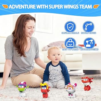 Super Wings 2インチ Transform-a-Bots 4個パック、スーパーチャージジェット、キュリー、ルニ、サラ、飛行機のおもちゃ、乗り物ミニフィギュア、子供のための楽しいおもちゃ、変形可能なおもちゃ 3 4 5歳の男の子と女の子向け