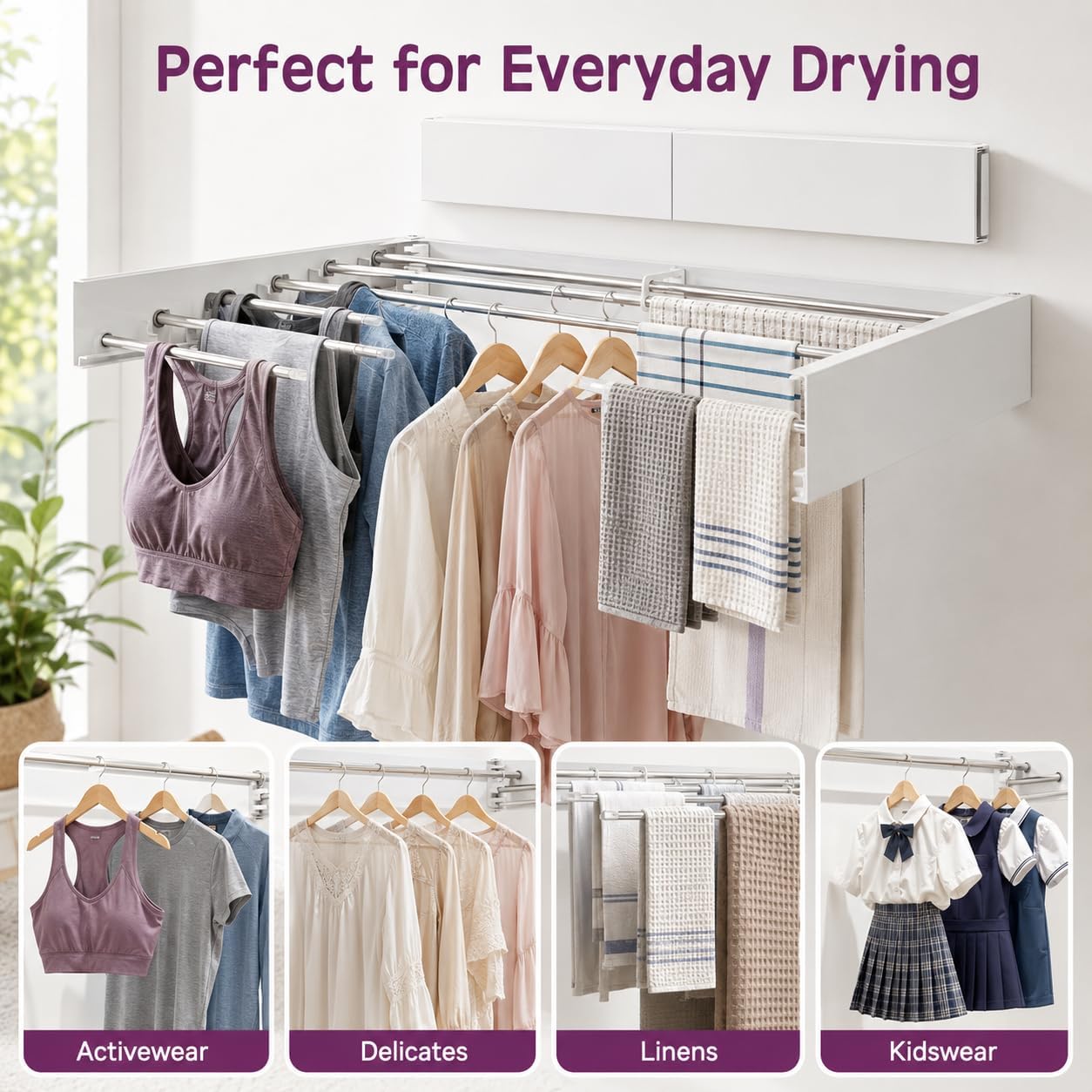 Wall Mounted Clothes Drying Rack, Foldable Retractable Laundry Rack with 5 Rods, 50 lb Capacity, Space Saving