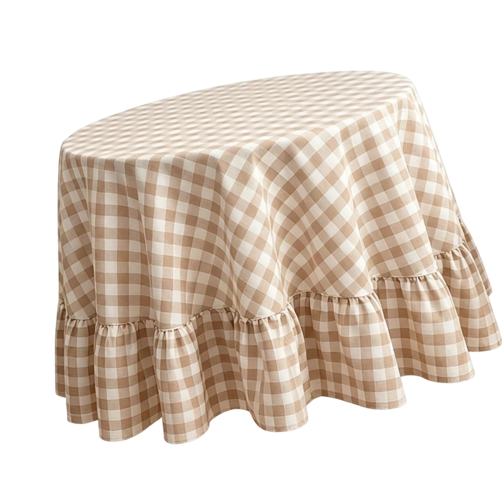 Home Dining Round Tablecloth Cotton Linen Blend Checked Cover with Ruffle Hem for Dining Room Table Decor for Tea Gatherings Checked Round Table Cover Ruffle Hem Linen Cloth Tea Decor Vintage Home