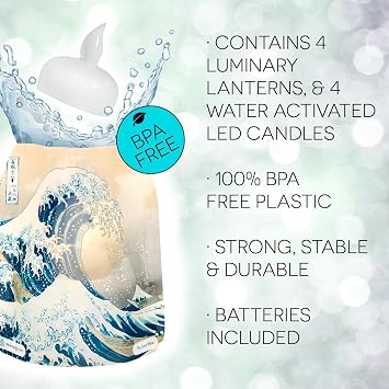 MODGY Luminary Lanterns Candle Holder Decorative Indoor Outdoor Decor, Plastic Candle Lantern Lamps for Wedding Table Centerpiece Porch 4-Pack, with Flameless Floating LED Candles The Great Wave