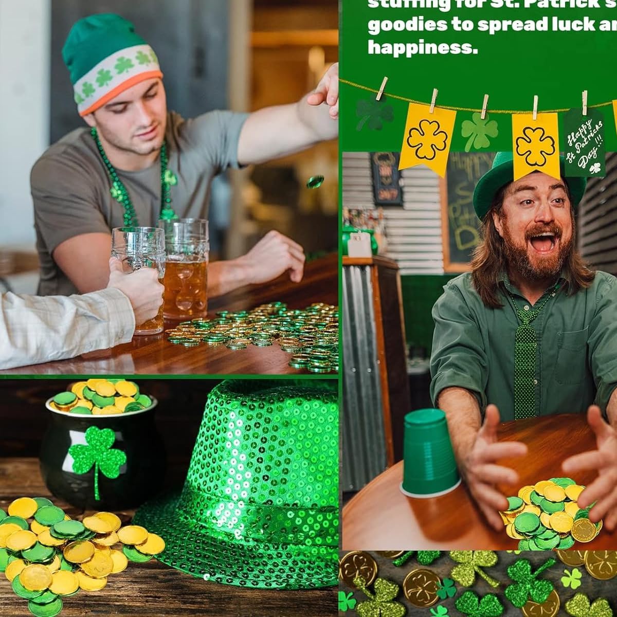 20 Pieces St. Patrick's Day Coins Plastic Shamrock Gold Coins Good Luck Saint Patrick's Day Coins 3 Leaf Coins for Pot, St. Patrick's Day Party Decorations (Green)