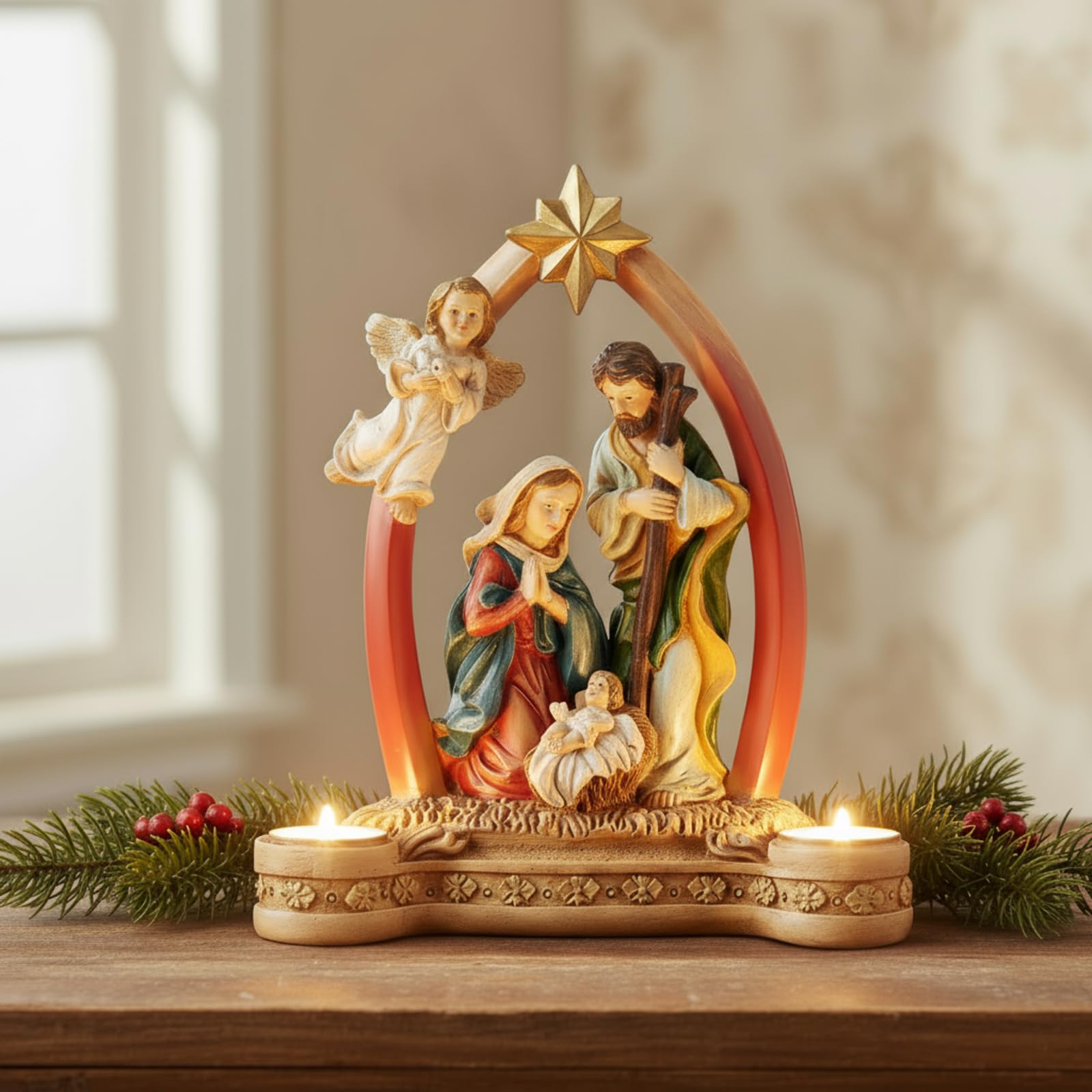 Crèche de Noël avec bougeoir de l'Avent pour table de fête