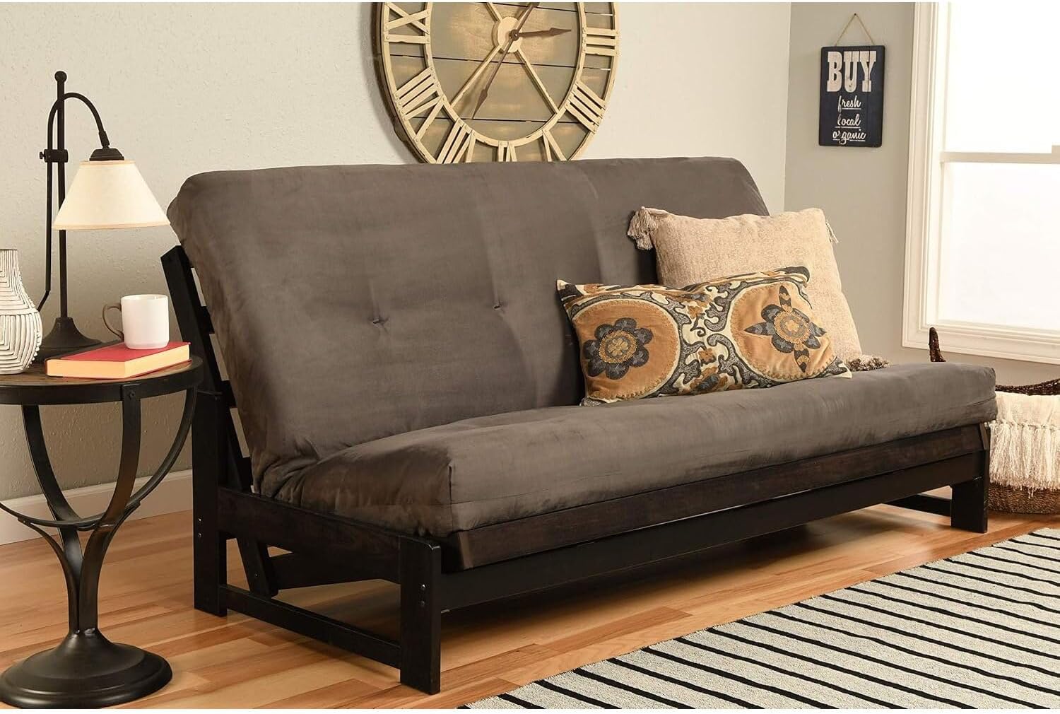 Full Size Futon Frame Set - Convertible Sofa Bed - Hardwood Mocha Finish Suede Gray