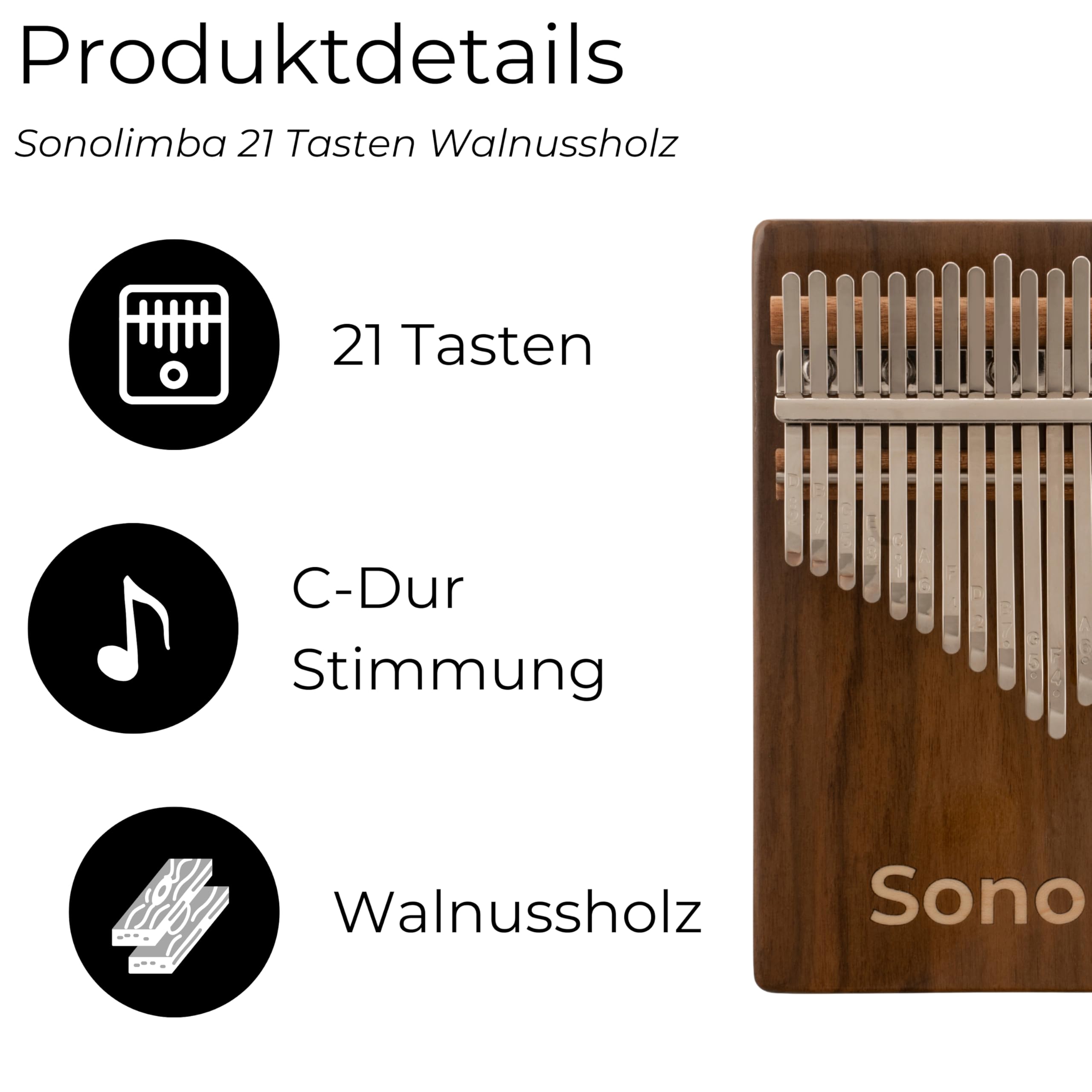 Kalimba "Sonolimba" mit 21 Schlüsseln in C - Dur aus Walnussholz - Daumenklavier inkl. Set mit Liederbuch, Schutztasche, Stimmhammer und weiteres. Kalimba Instrument für Kinder und Erwachsene