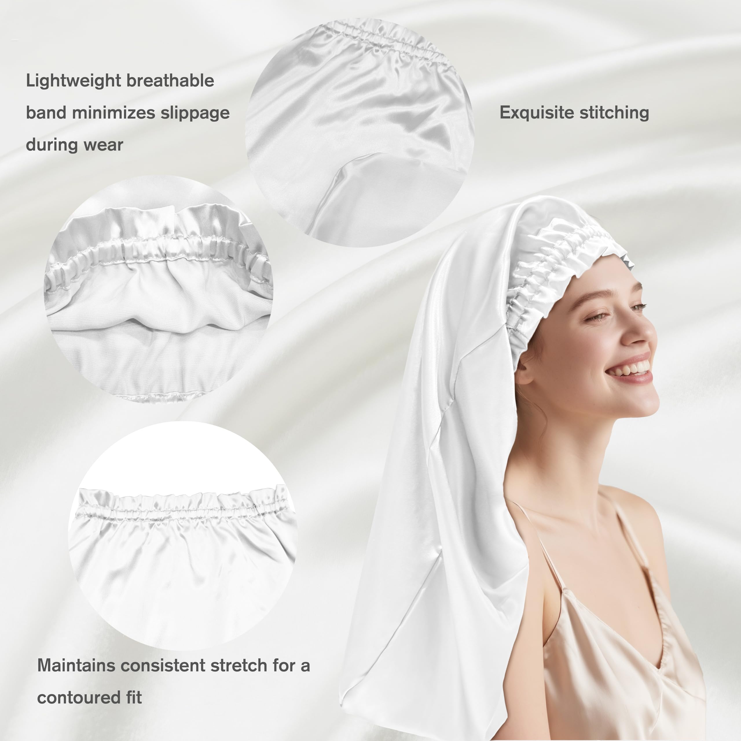 townssilk Silk Bonnet for Sleeping, 100% 22 Momme Mulberry Silk for Women, Luxurious, Breathable, Sits Safe Overnight & Pressure Free, Ideal for Long & Curly Hair - White 80 cm - Image 3