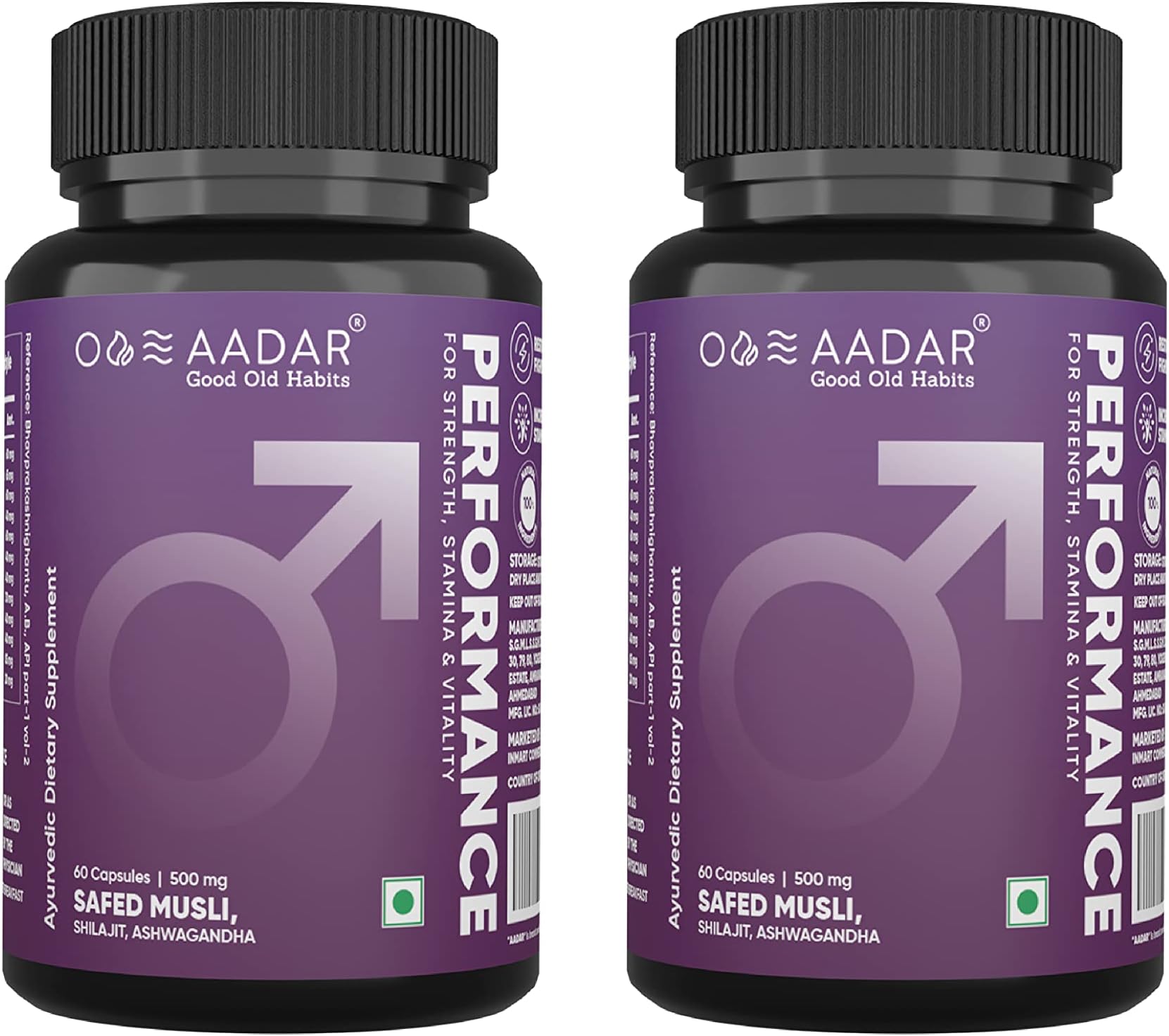 AADAR Performance Ayurvedic Strength, Energy Booster for Men Helps in Muscle Growth Safed Musli, Shilajit, Ashwagandha, Gokshura | 60 Capsules (Pack of 2)