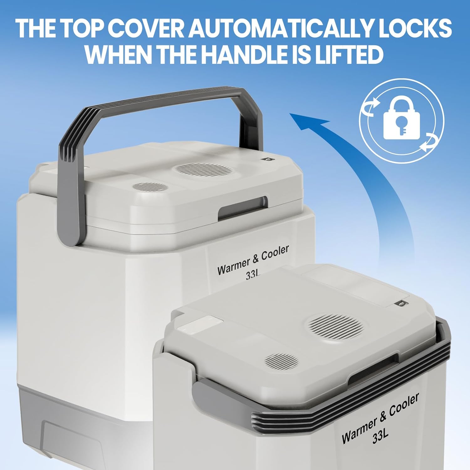 35 QT (33 L) Electric Cooler & Warmer, Portable Car Refrigerator With Automatic Locking Handle, 12V Car Cooler for Vehicle & Trucks, 110V AC Home Power Cord, Plug In Coolers, Grey