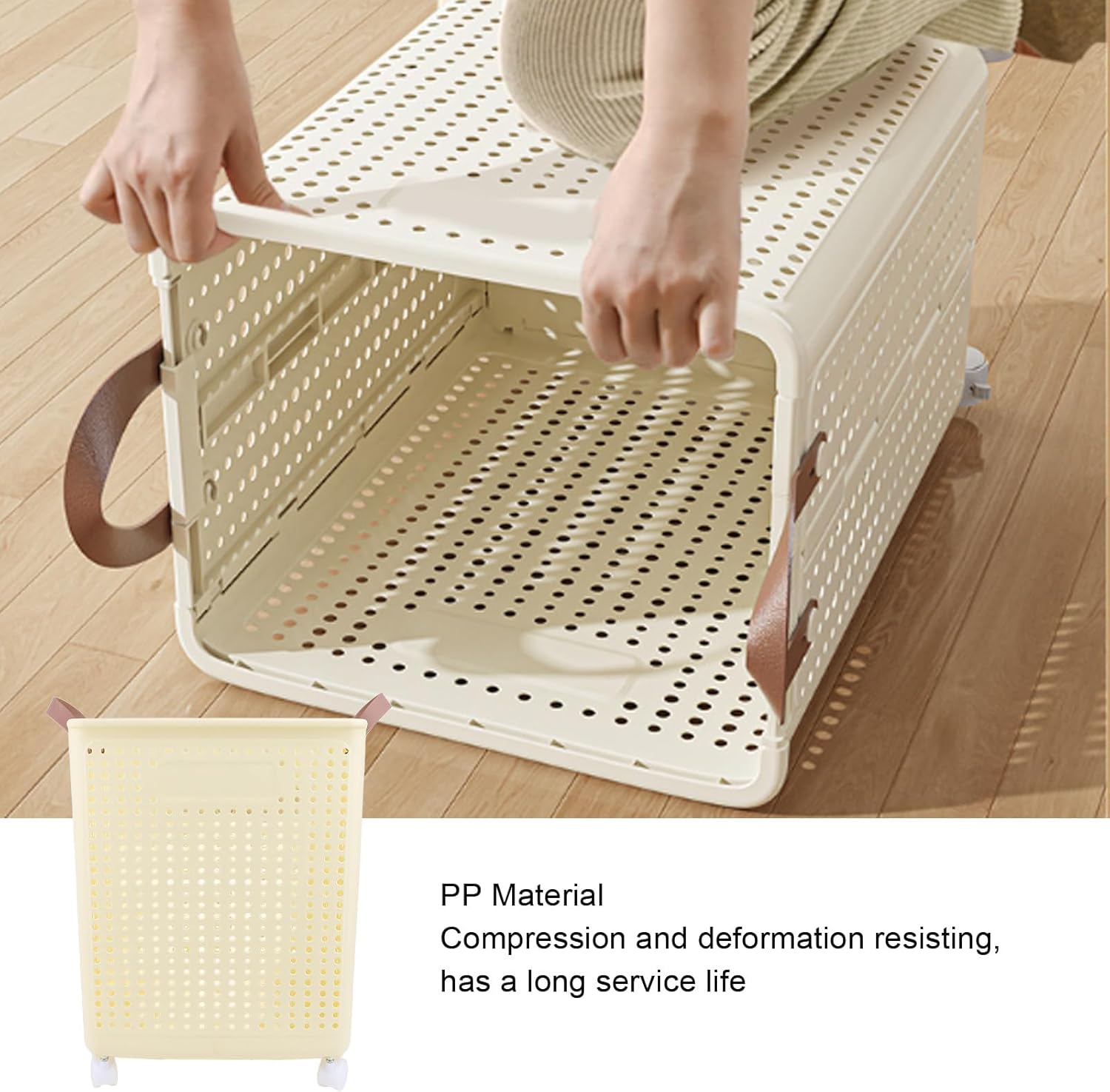 Laundry Hamper with Wheels, Foldable Laundry Basket Space Saving Portable Clothes Storage Basket with Handle for Laundry Dorm Bedroom Bathroom (Cream White)