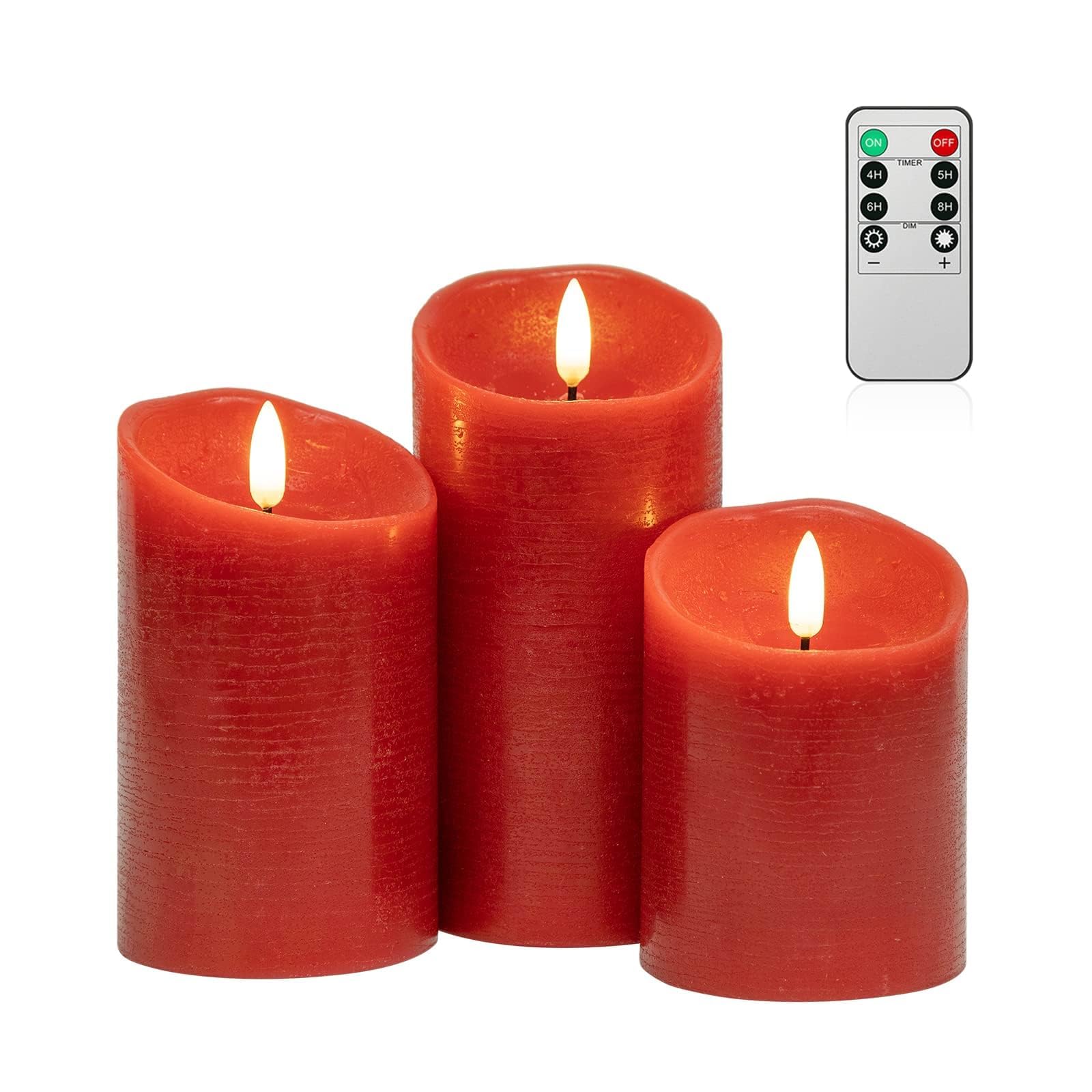 ANGELLOONG Red Flameless Candles with Remote, Real Wax Flickering Battery Operated Candles with Timer, Electric LED Fake Candles for Valentines Holiday Christmas Party Home Decor, Set of 3
