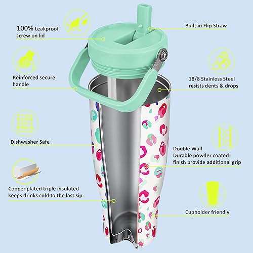 Miniatura 2 de Zukro Vaso de 40 onzas con popote abatible, botellas de agua aisladas de triple pared con asa superior para portavasos, jarra de agua de acero