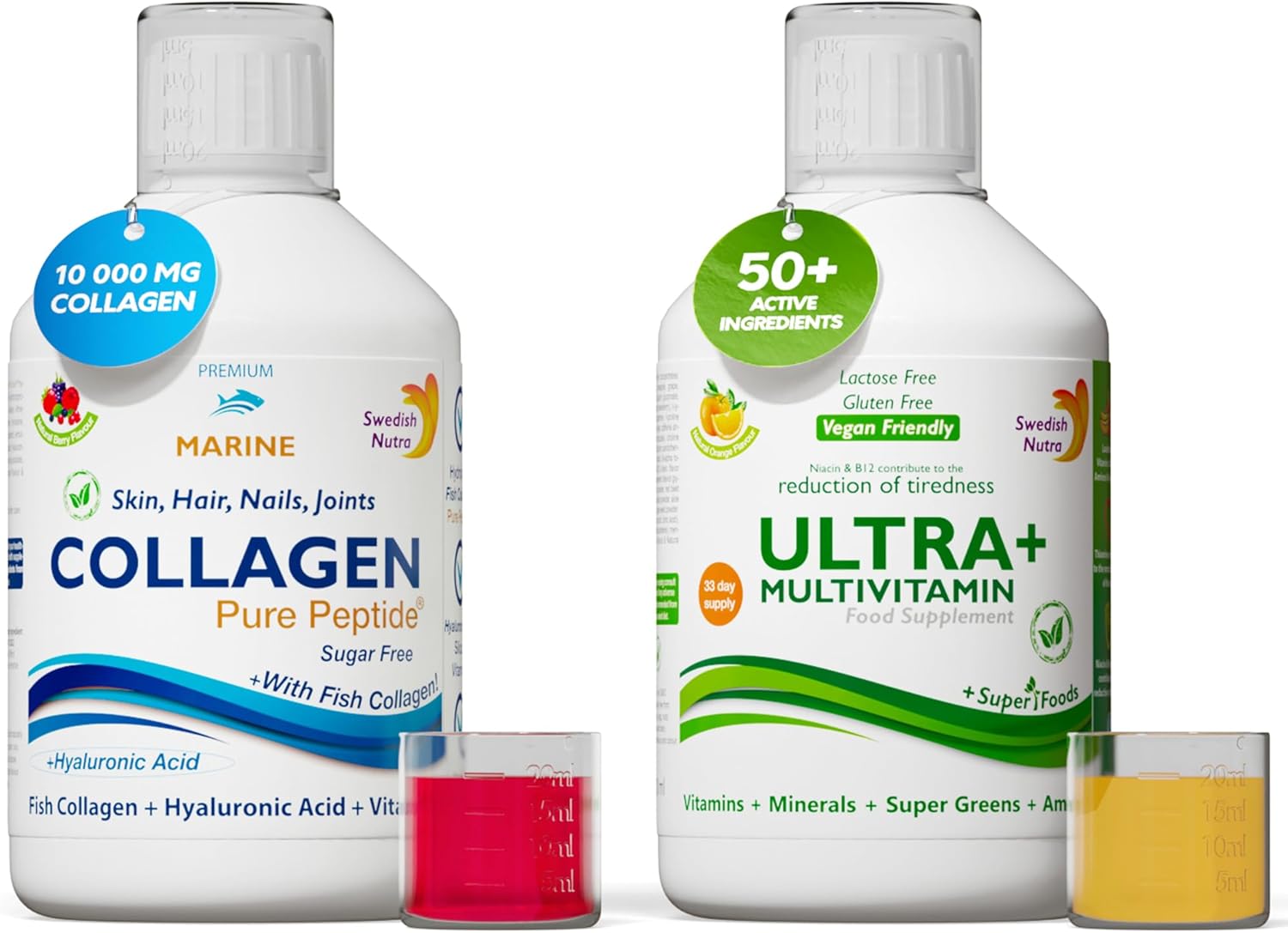 Swedish Nutra – Liquid Marine Collagen Sugar Free & Vegan Multivitamin | Skin Health and Immune Boost | 100% Natural Berry Flavour