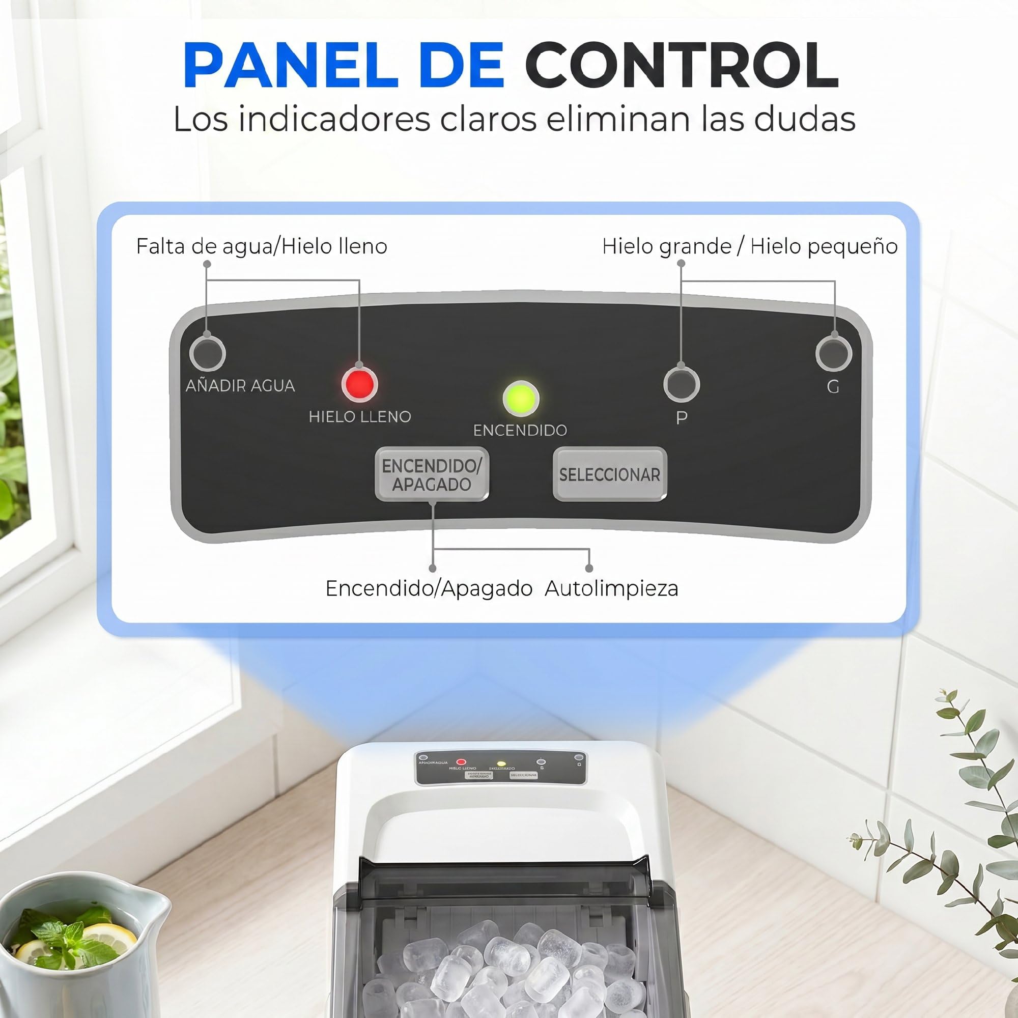HOMCOM Máquina de Hielo, Máquina de Cubitos de Hielo Autolimpiable, 12 kg/24H, 9 Cubitos Listos en 7 Minutos, 2 Tamaños de Hielo, 1,5L Depósito, para Hogar, Cocina, Oficina, Bar, Blanco — view 5