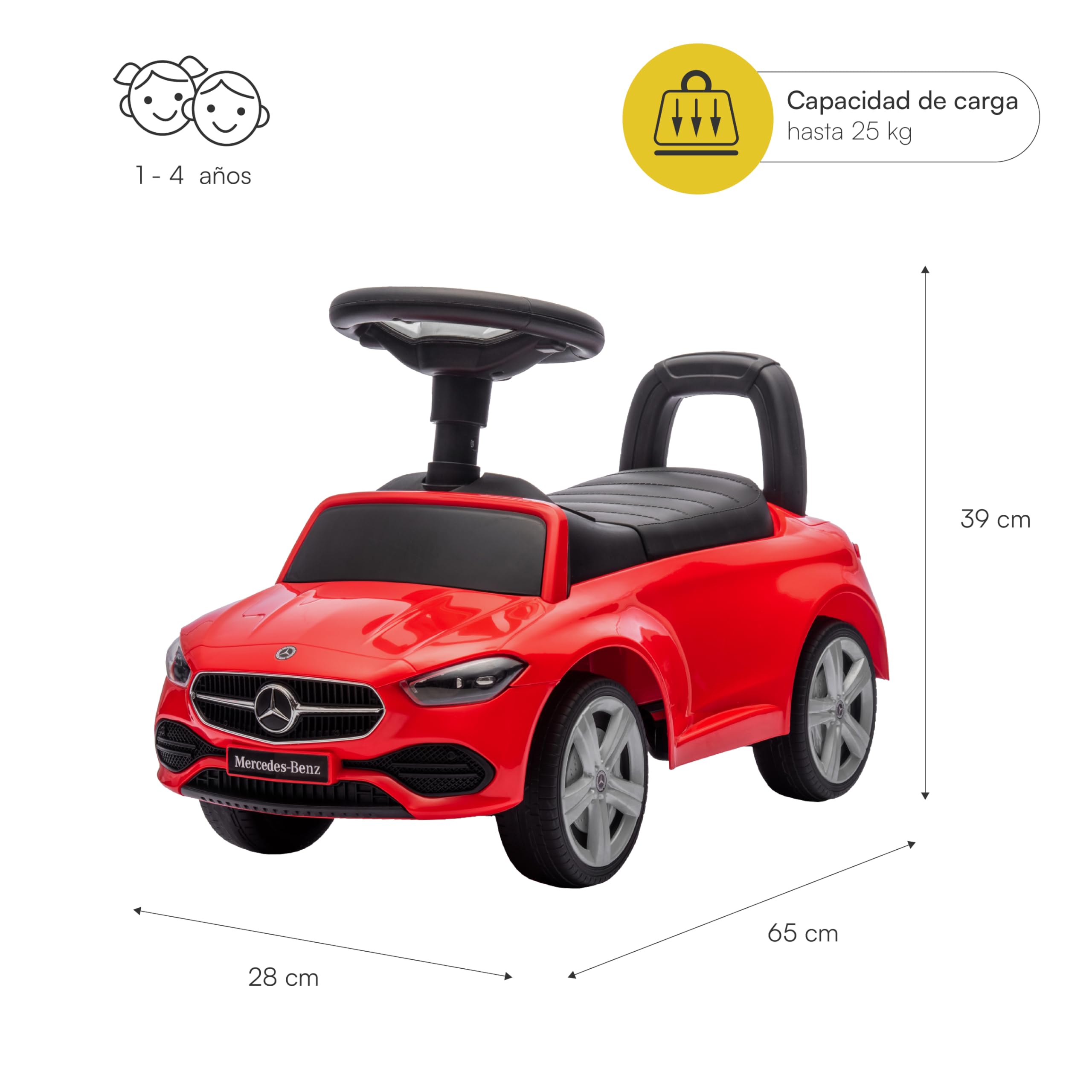 Baroni Toys Mercedes Ride-On Car Empuje y Ir para Niños 1-4 Años, Faros LED, Sonidos Realistas, Ruedas antideslizantes, Compartimento de almacenamiento, Diseño Antivuelco, 65 x 28 x 39 cm, Rojo