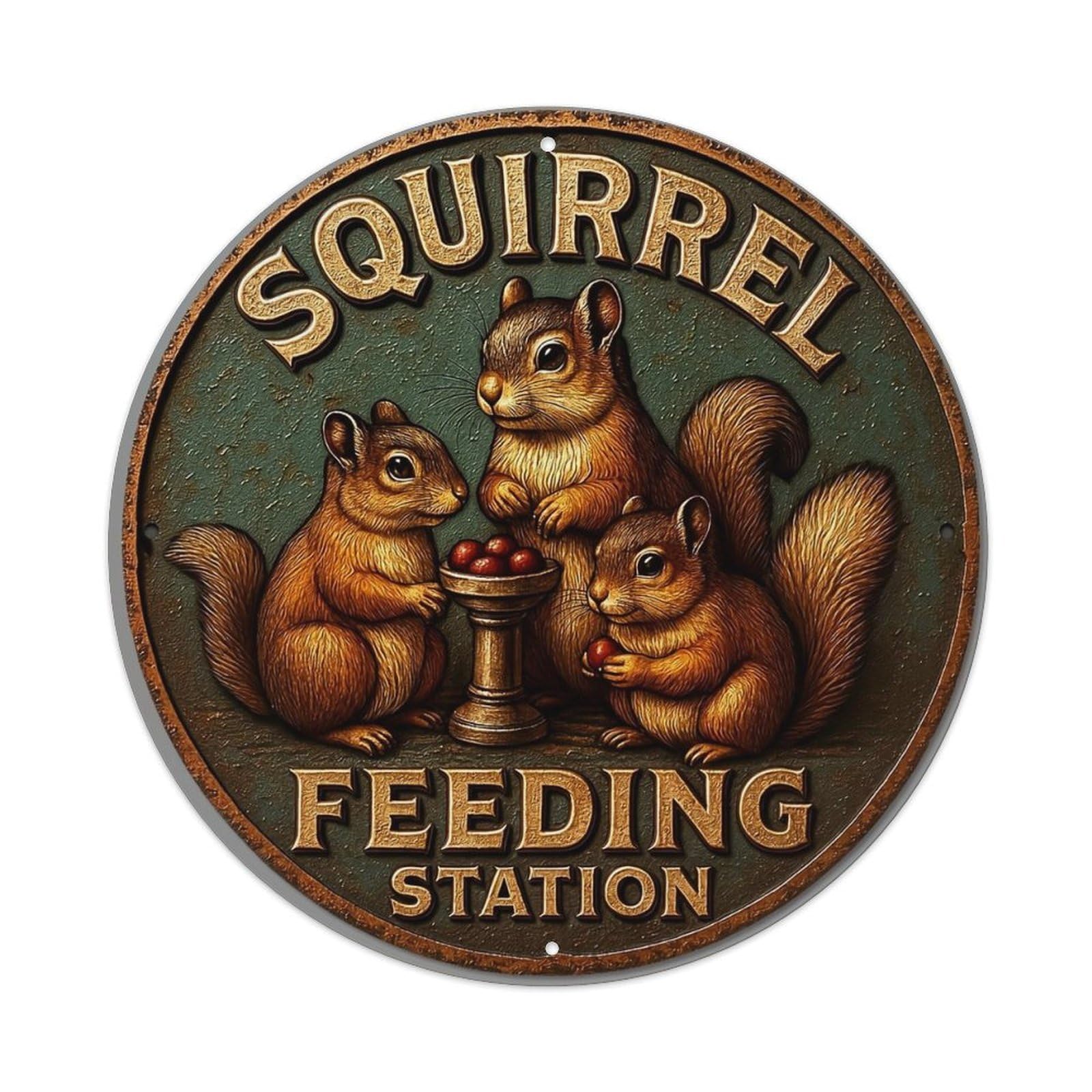 Jdyaojiesheng Vintage Squirrel Feeding Station Sign Art Round Tin Sign Retro Metal Wall Decor Metal Poster, Home Bar Garage Farmhouse Cafe Wall Art Decoration 8X8inch