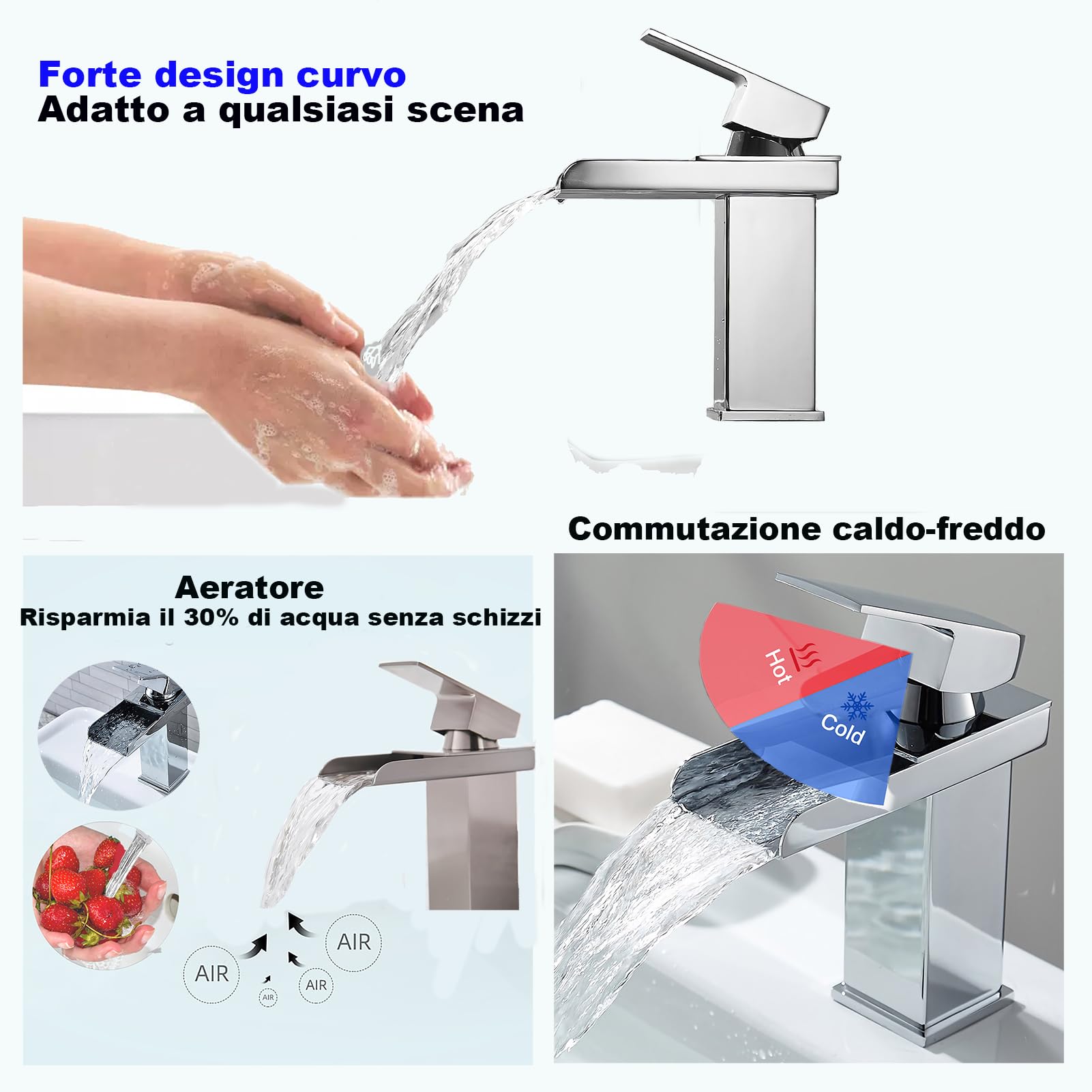XWIHTR rubinetto a cascata per bagno, miscelatore per bagno in acciaio inox e ottone, risparmio idrico, rubinetto per lavabo, bocca calda e fredda, rubinetto monocomando per lavabo (cromo)