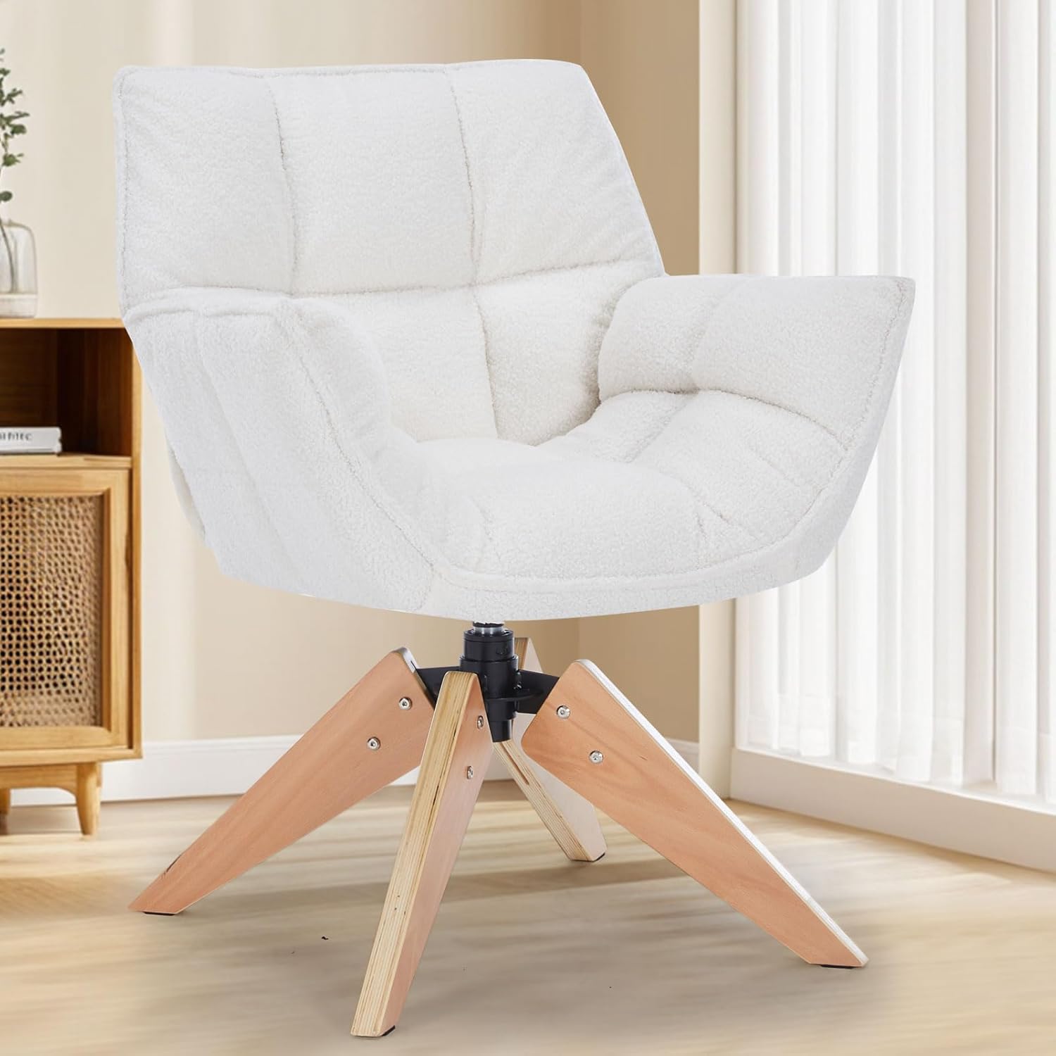 Mid Century Accent Chair, Lambs Wool Vanity Chair Modern Cozy Desk Chair no Wheels with Amrest, Wood Legs for Living Room, Reading Room, Bedroom, White Lambwool