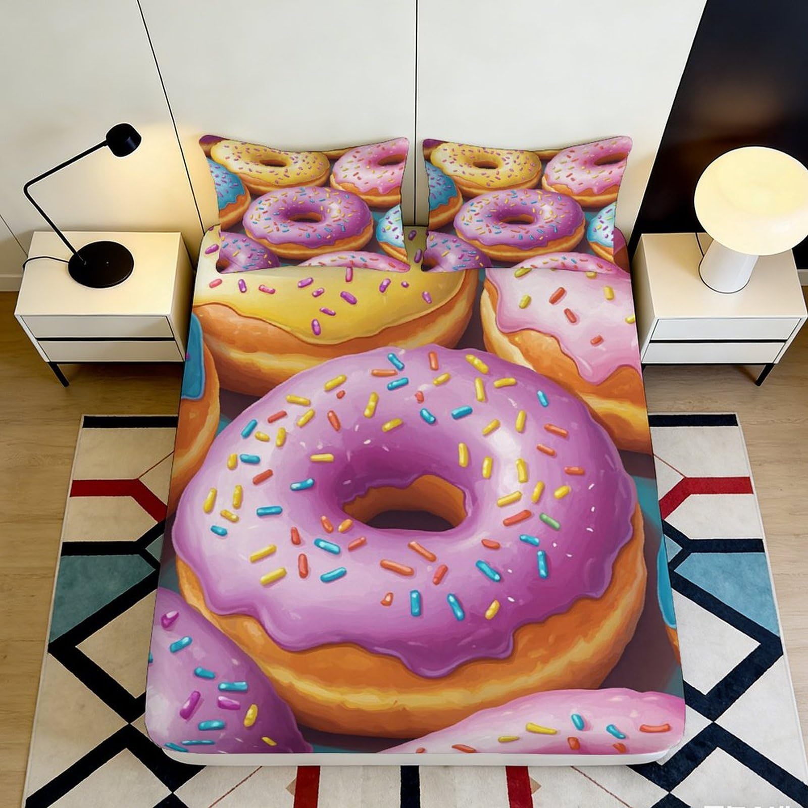 3D Printed Pink Donut Fitted Sheet Microfiber Soft Breathable Colorful Sprinkles Bed Cover for Bedroom Dorm Decor 90x200x25cm
