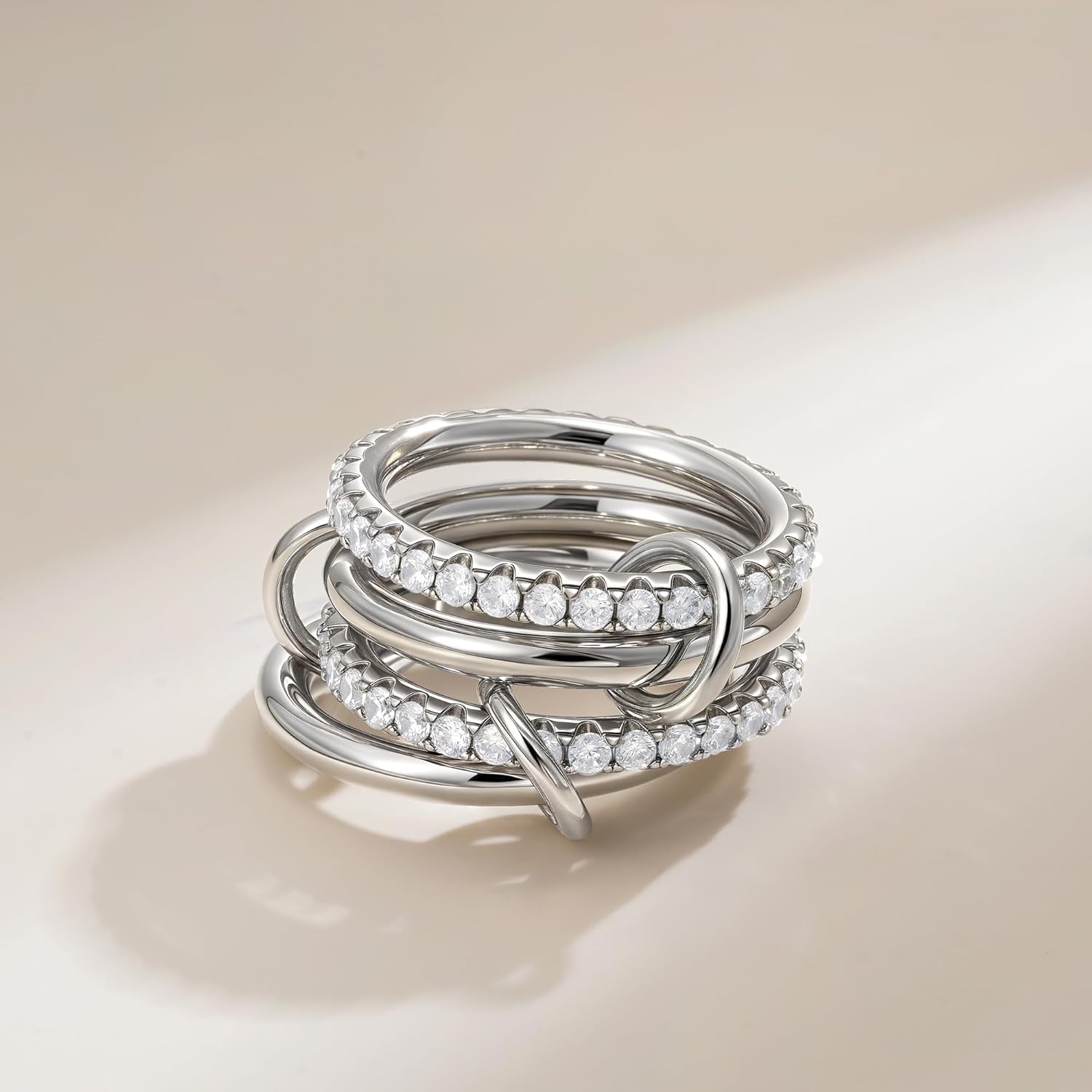 SLOONG Gold Stackable Rings for Women Non Tarnish, Dainty 18k Gold Plated CZ Cubic Zirconia Rings, Silver Rings Set, Multi-Link Connected Rings (Style 3) - Image 4