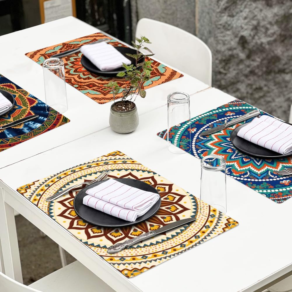 Peacoblue Mandala and Bohemian Pattern Placemats Set of 6,12"x17" Waterproof Washable Table Place Mats for Indoor Outdoor Farmhouse Party Kitchen Dining Table Decoration