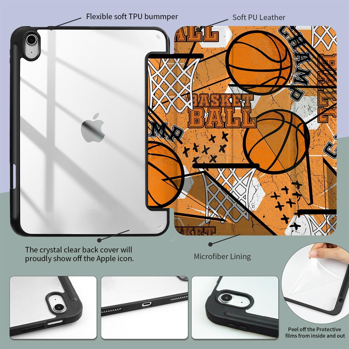 iPad Air 11 Inch Case 7th Generation M3 2025,iPad Air Cover for 7th/6th/5th/4th Gen (11/10.9 Inch,2025/2024 M2/2022/2020), iPad Pro 11 Inch,Pencil Holder, Pencil Charging,Basketball