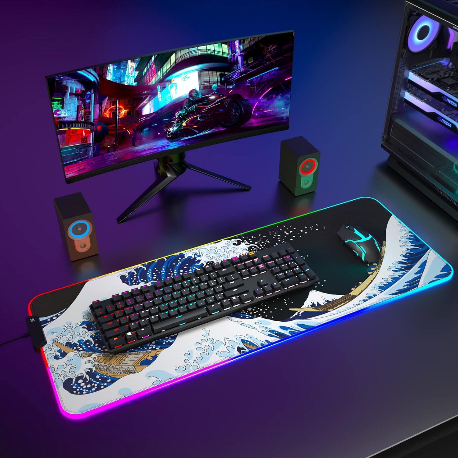 ITNRSIIET RGB Gaming Mouse Pad, Full Desk XL Extended Large Gaming Mousepad, 12 Lighting Modes 30% Thicker Big LED Desk Mat for Gamers, 32 x 12 inches, Japanese Waves