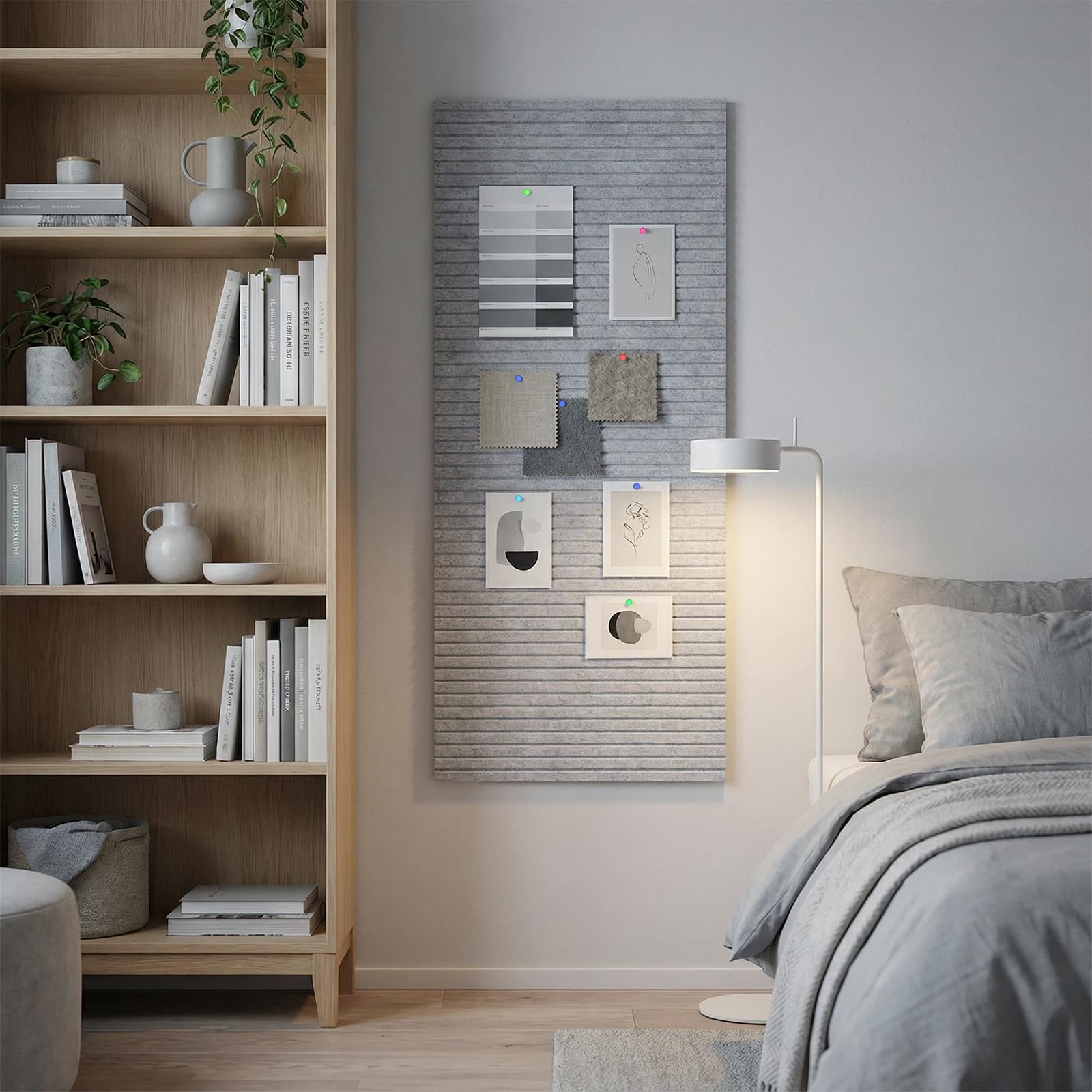 Corcho de Pared Fieltro Adhesivo 90 x 60 cm Tablero de Corcho con 35 Tachuelas 0,9 cm de Grosor para Decorativa Hogar Escuela Oficina (Gris Claro)