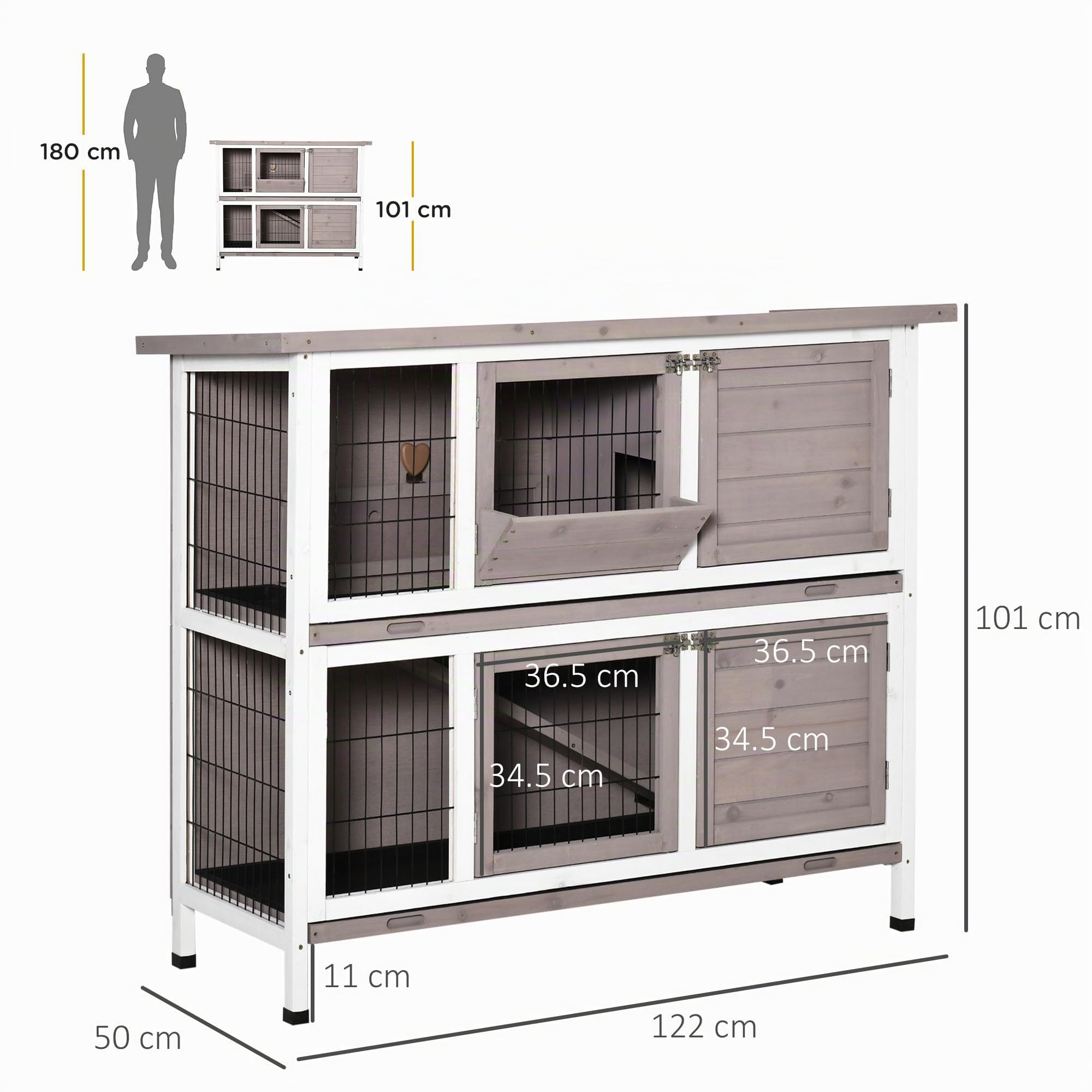 PawHut, Conigliera in Legno a 2 Livelli 122x50x101 cm Grigio Marrone | per Esterno e Interno, Gabbia per 1-2 Conigli, Tetto Apribile, Mangiatoia, Vassoi Removibili, Rampa, Porte con Chiusura