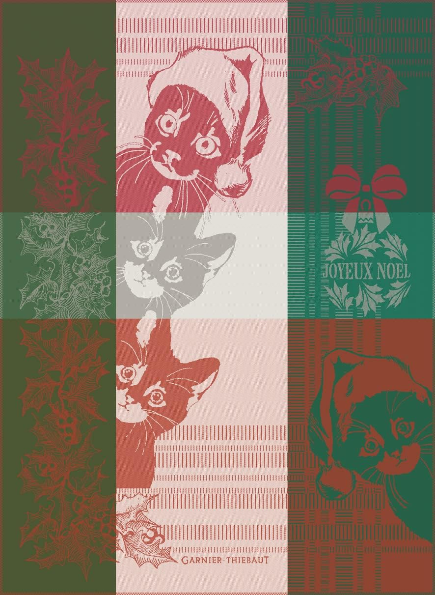 Metr Garnier-Thiebaut, Chats de Noel (Christmas Cats), Rouge French Jacquard Kitchen/Tea Towel, 100% Cotton