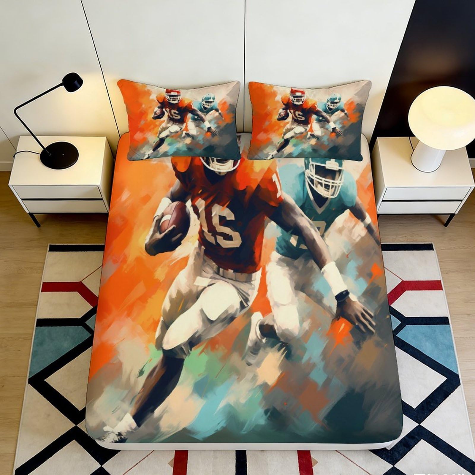 3D Printed American Football Fitted Sheet Soft Microfiber Deep Pocket Non-Slip American Football Mattress Fitted Cover for Bedroom Bedding 160x200x25cm