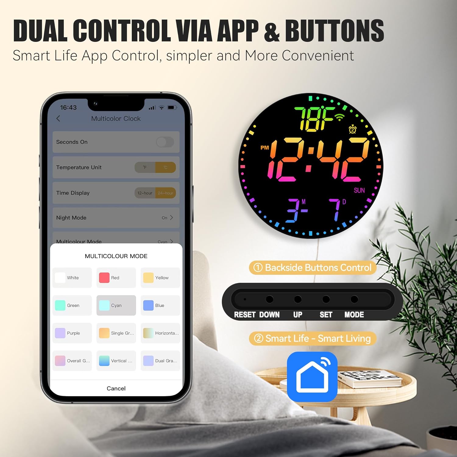 Kasbin 12” Digital Wall Clock with App Control, Large LED, WiFi Sync, Date Temperature, Auto Brightness, Seconds Display, Dual Alarm, 12 RGB Colors for Living Room, Office, Bedroom, Gift for Elderly