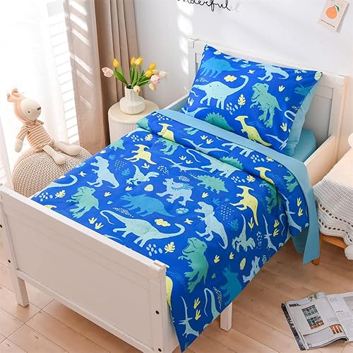 Miniatura 2 de Holawakaka Juego de ropa de cama de 4 piezas para niños pequeños colorido dinosaurio impreso en azul incluye edredón acolchado sábana bajera sábana