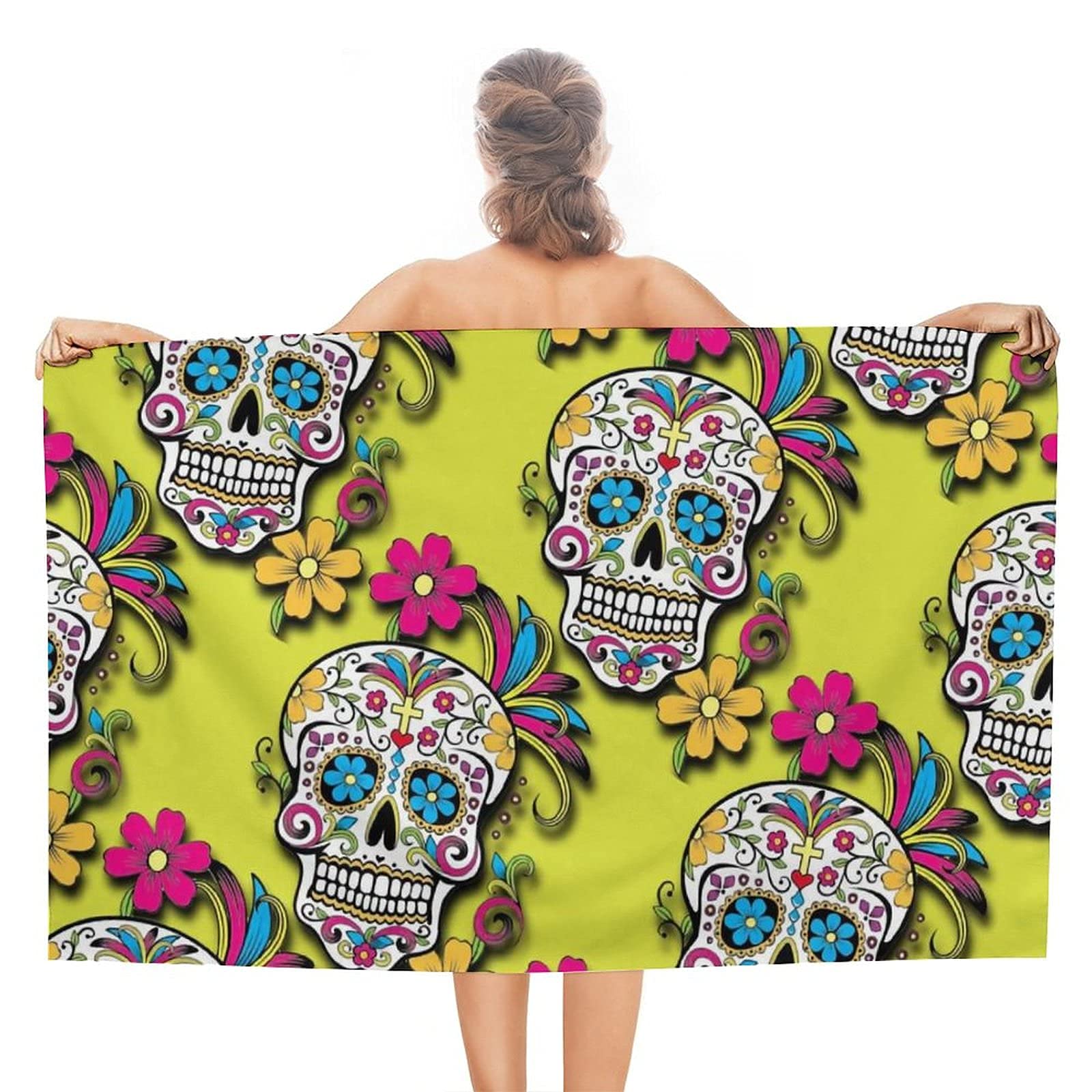 Lsjuee Floral Skull Beach Themed Towel Fast Dry Superfine Fiber Baby Beach Towels for Girls for Beach Hawaii Tropical Vacations Honeymoon Cruise Swimming Gym Fitness Exercise or Training 32INx52IN