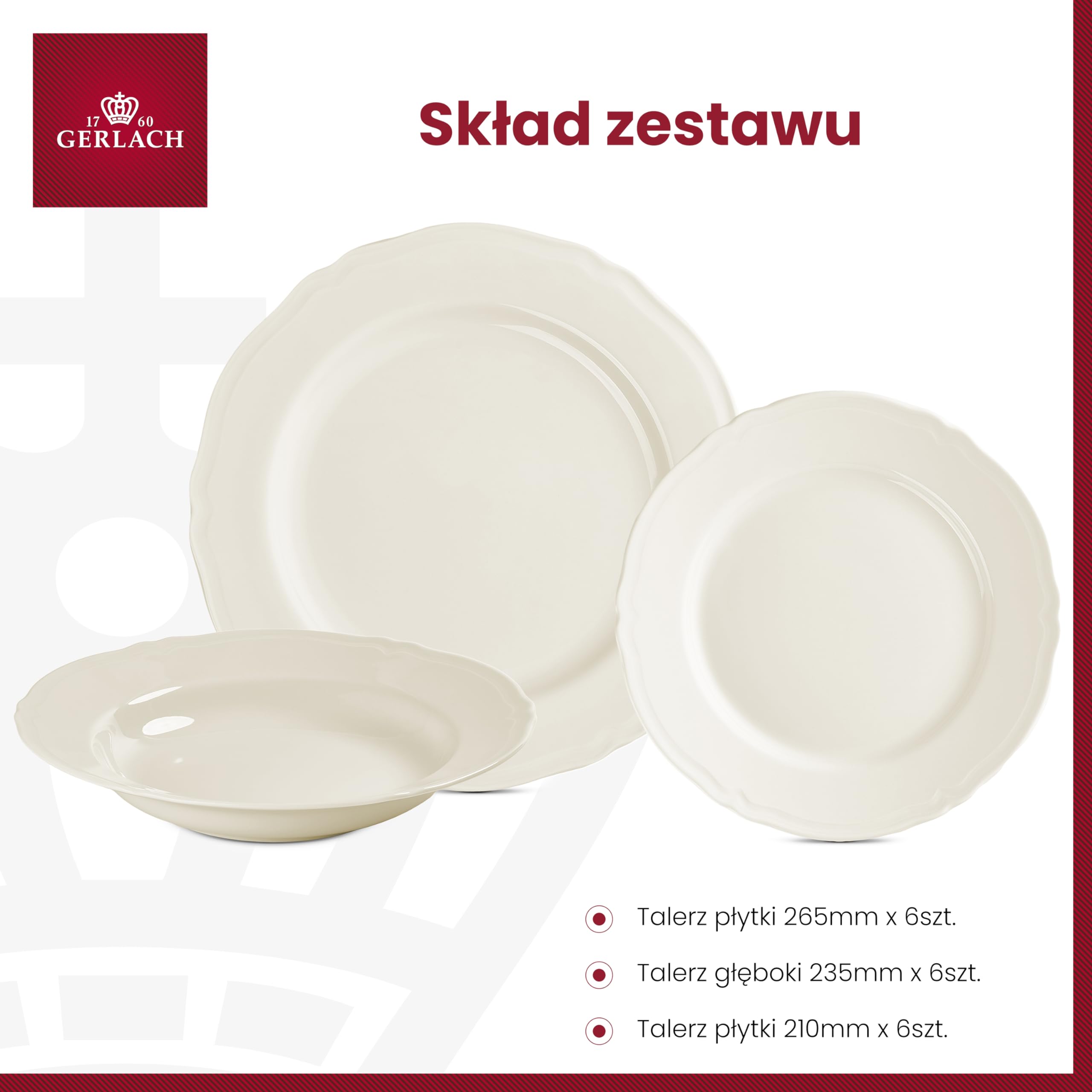 Gerlach Retro Zestaw Talerzy Obiadowych Dla 6 Osób Komplet Porcelanowych Talerzy 18 Elementów Serwis Obiadowy Talerze z Porcelany W Kolorze Kości Słoniowej