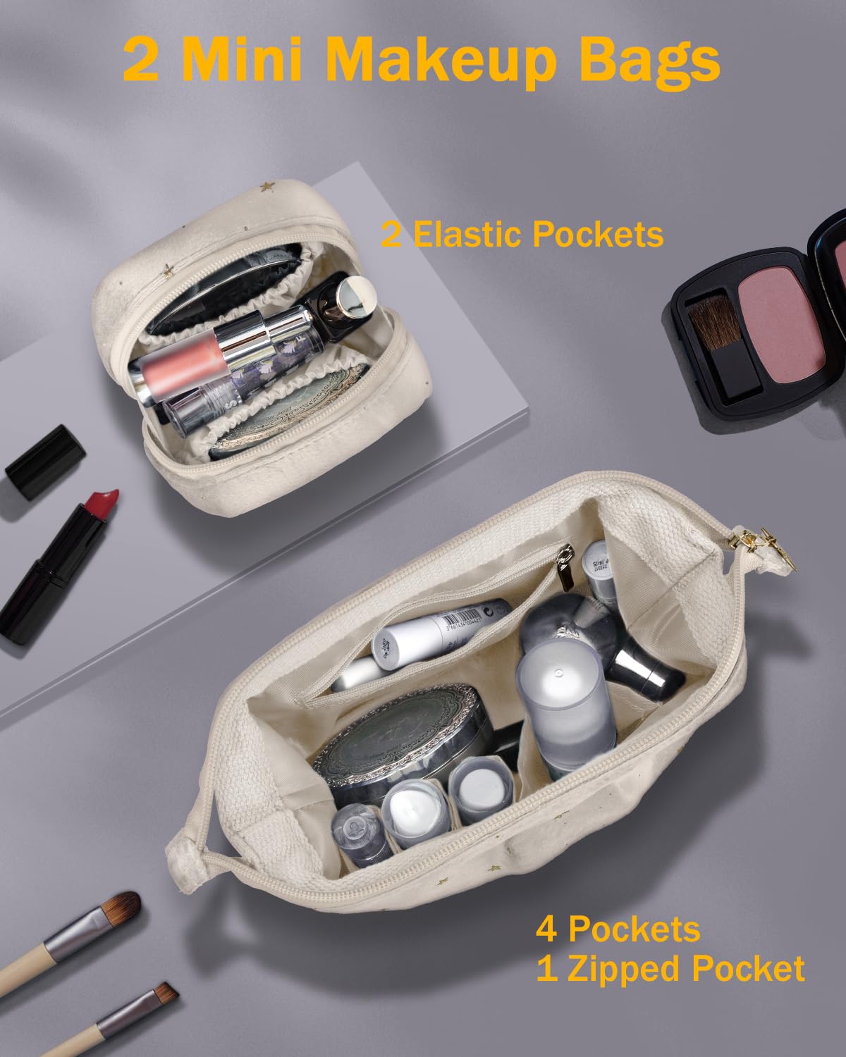 Wedama Makeup Bag, Double-layer Cosmetic Bag with Jewelry Storage and Brush Holders 3 Pcs Velvet Makeup Bag Set Travel Makeup Organizer Bags Portable Cosmetic Case Toiletry Bag for Women Girls, Beige - Image 3