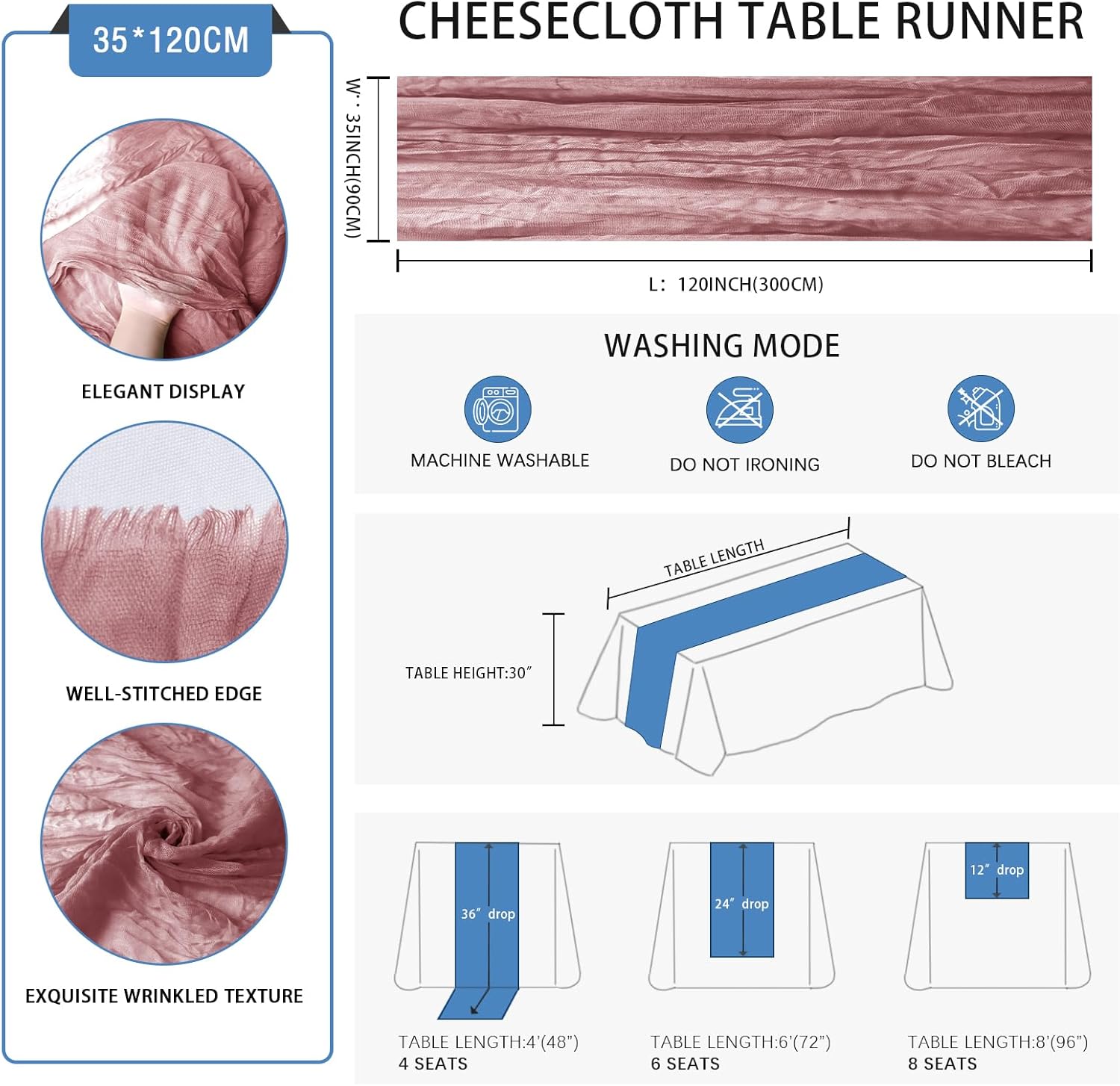 6 Pack Dusty Pink Cheesecloth Table Runner 35 x 120 inch Boho Rustic Gauze Table Runner 10 FT Long, Semi Sheer Cheese Cloth Runner for Wedding Party Banquet Baby Shower Birthday Decoration