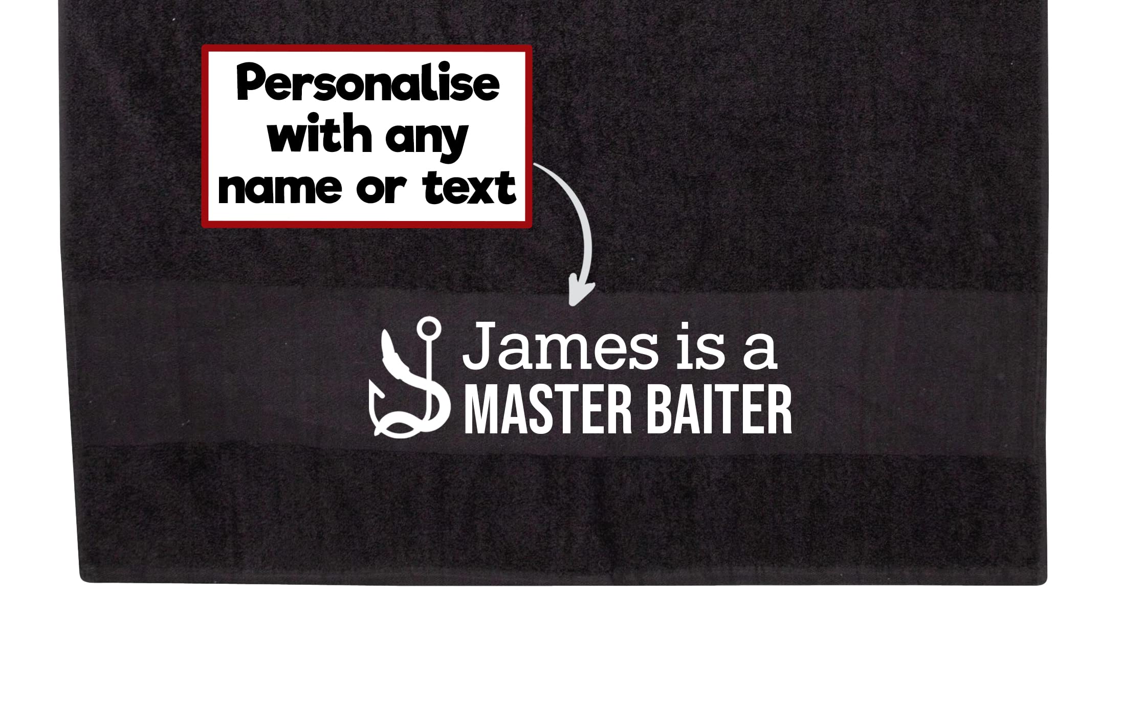Spoilt RottenTowel Black Personalised 'Master Baiter' Fishing Towel For Anglers Custom Any Name 100% Cotton Funny Fisherman's Gift