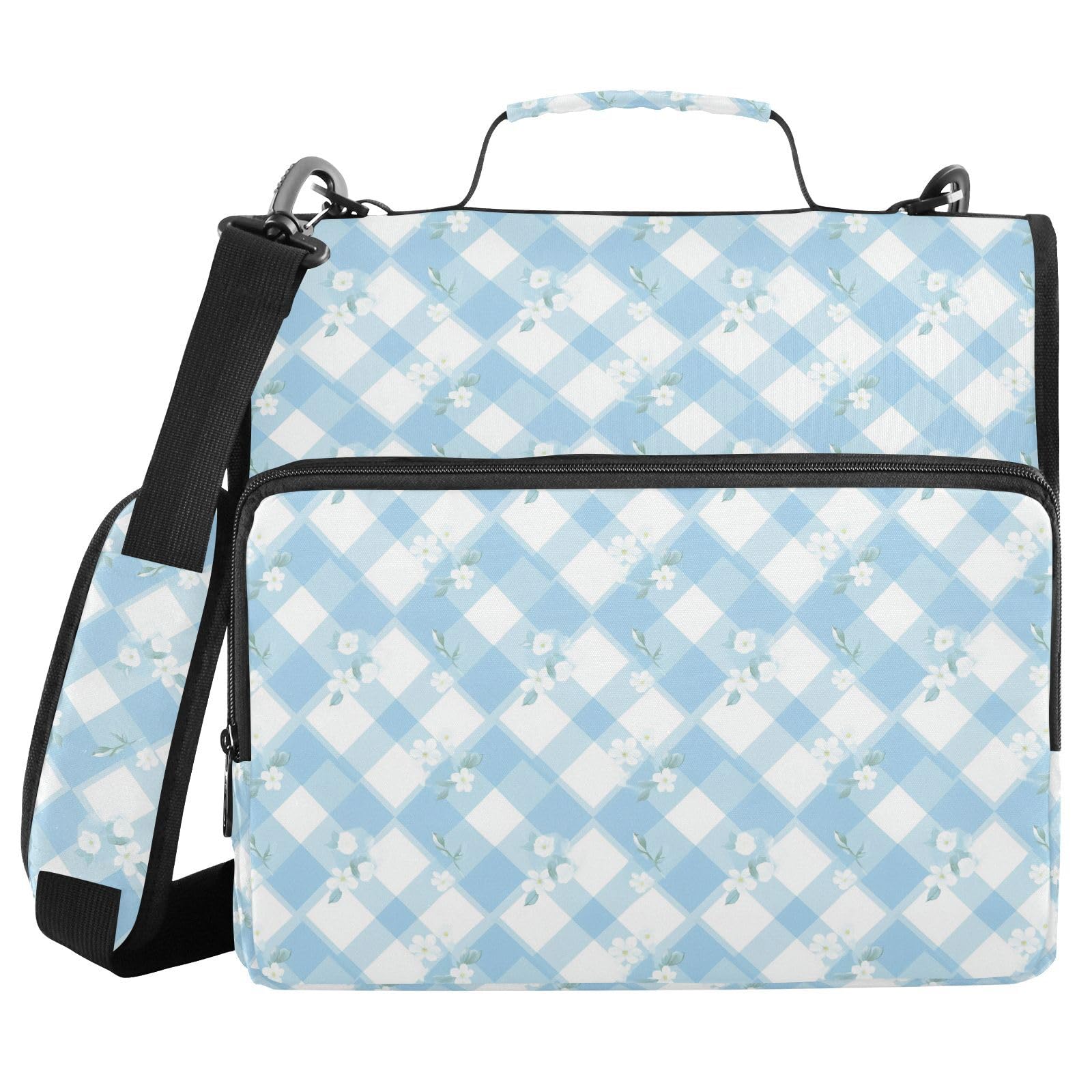 Gingham Zipper Binder 3 Ring Binder with Zipper 1.5 Inch Shoulder Strap & Handle Binders Organizer Bag Powder Blue