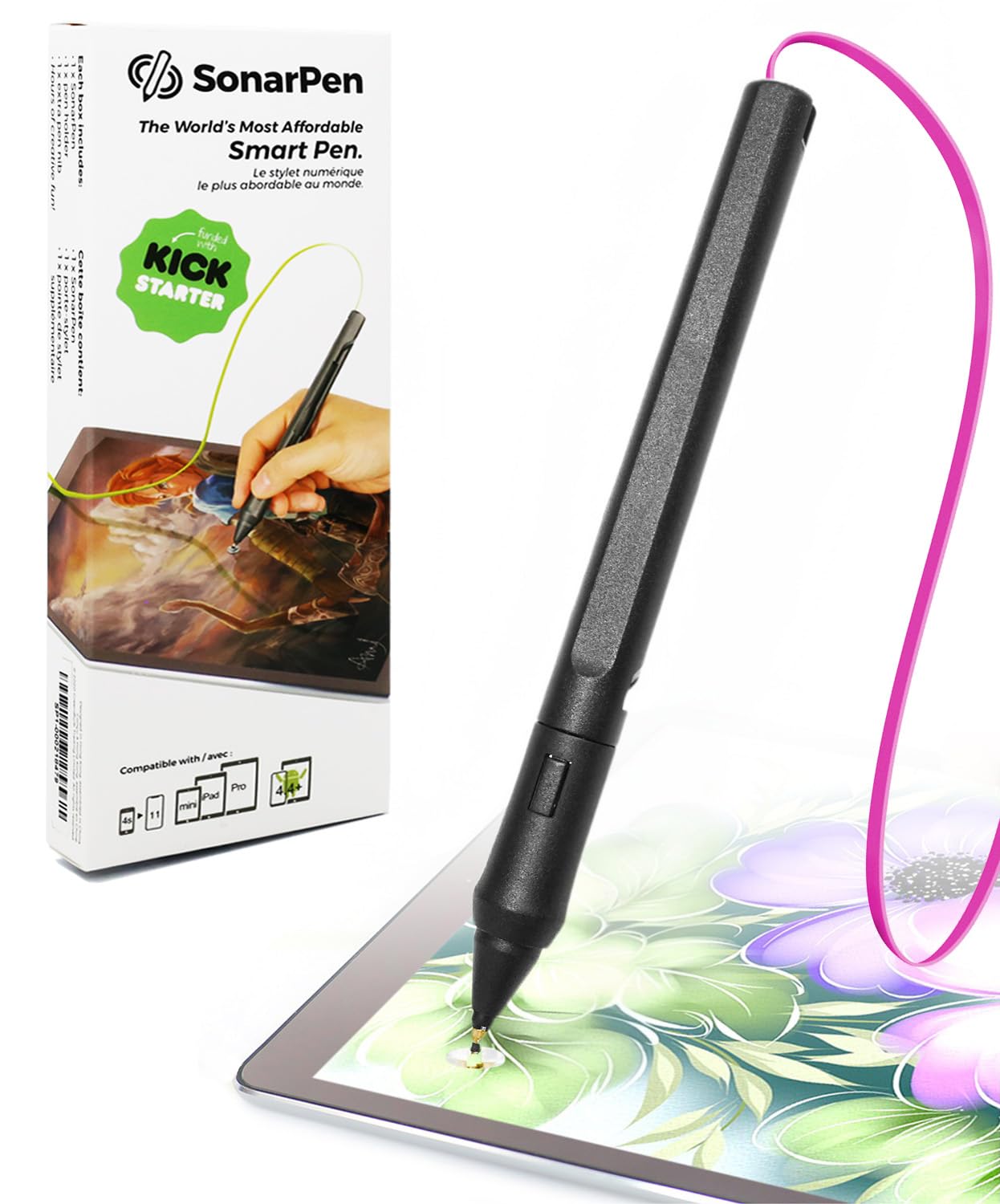 SonarPen - Pressure Sensitive Smart Stylus Pen with Palm Rejection and Shortcut Button. Battery-Less. Compatible with Apple iPad/Pro/Mini/iPhone/Android/Switch/Chromebook (Fuchsia)