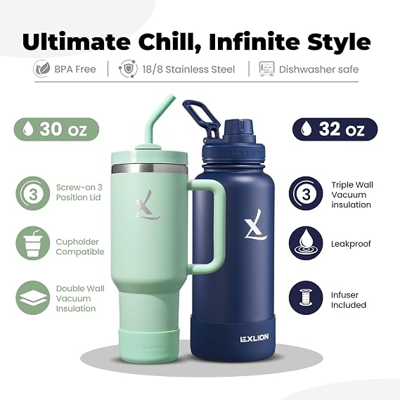 Lexlion All-Day Hydration Bundle 32 Oz Tea Infuser Bottle + 30 Oz Tumbler