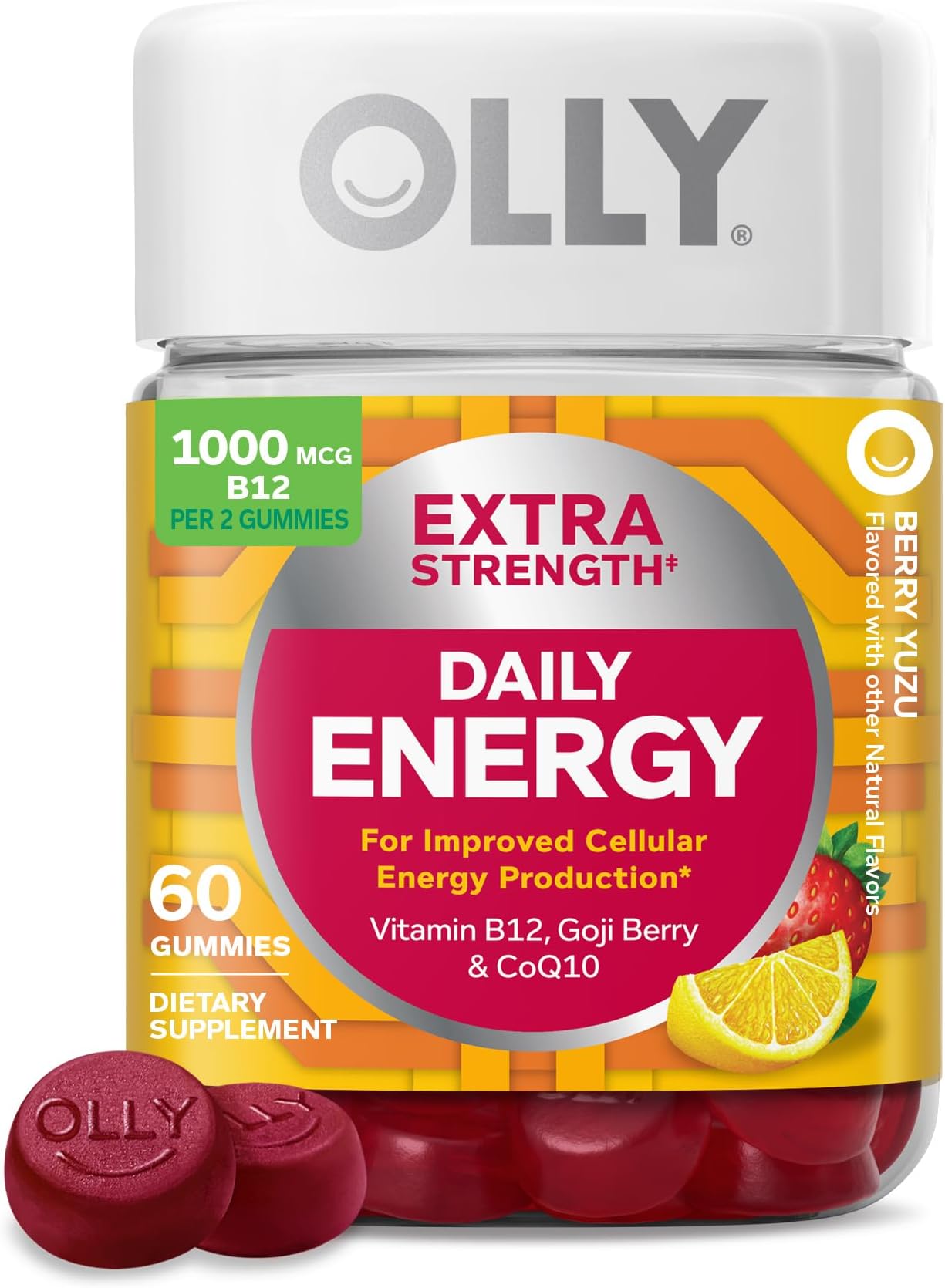 Extra Strength Daily Energy Gummy, Caffeine Free Cellular Energy Production,* 1000 mcg Vitamin B12, CoQ10, Goji Berry, Adult Chewable Supplement, Berry Yuzu Flavored, 30 Day Supply - 60 Count