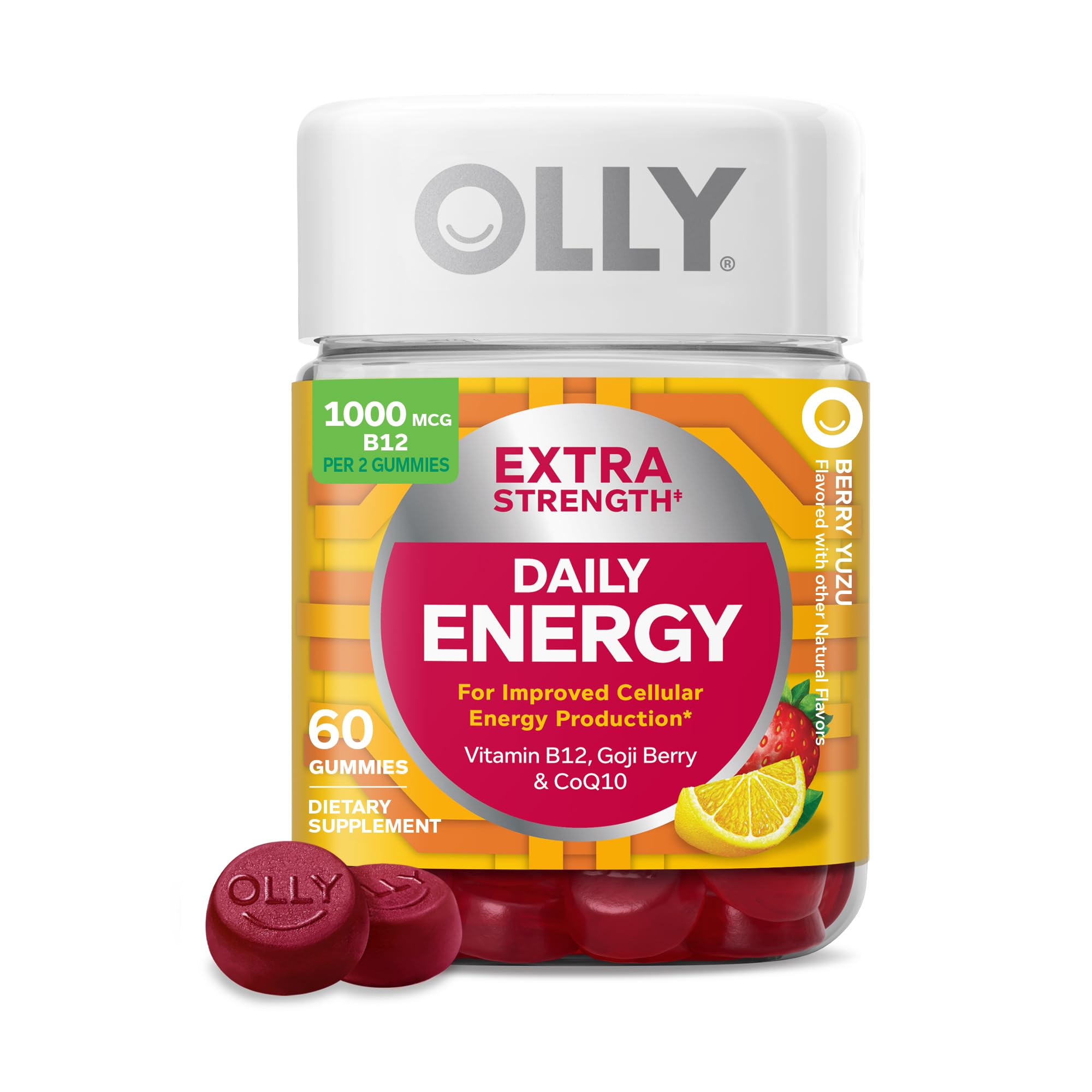 OLLY Extra Strength Daily Energy, Vitamin B12, CoQ10, Berry Yuzu - 60 Count Extra Strength 60 Count (Pack of 1)