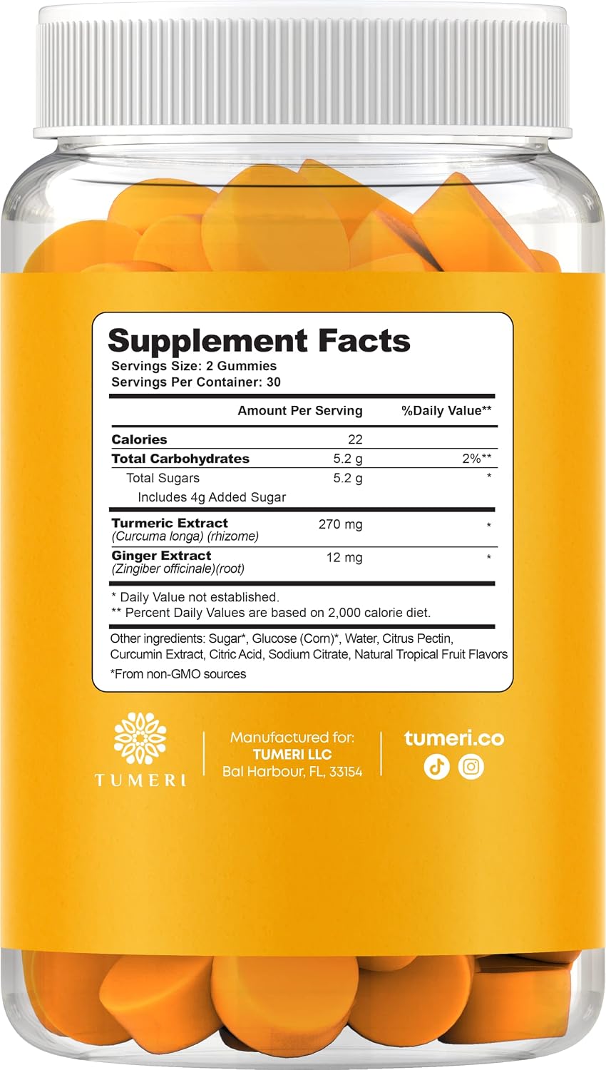 TUMERI Turmeric and Ginger Gummies – Turmeric Curcumin Joint Support Supplement - 60 Count Natural Tropical Fruit Flavored Vegan Gummies