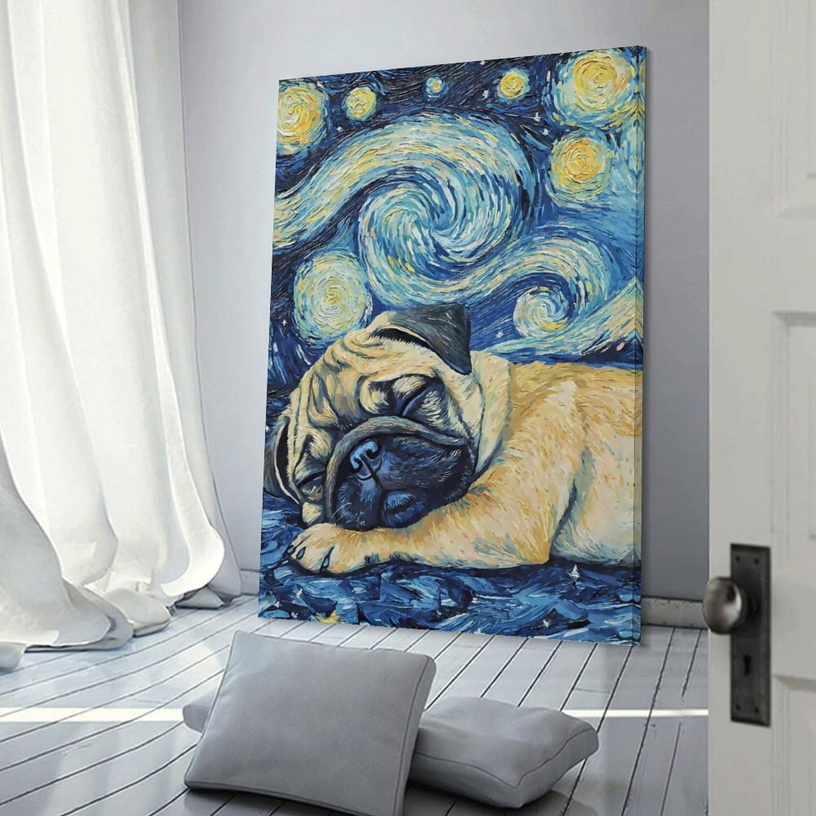Junmoney Frame-Style-3 Pug Puppy Sleeping Night Hanging Wall Art, 24X36inch(60X90cm), For Bedroom Decor, Cosy Corners Or Studios, An Easy Wall Refresh For Bedrooms
